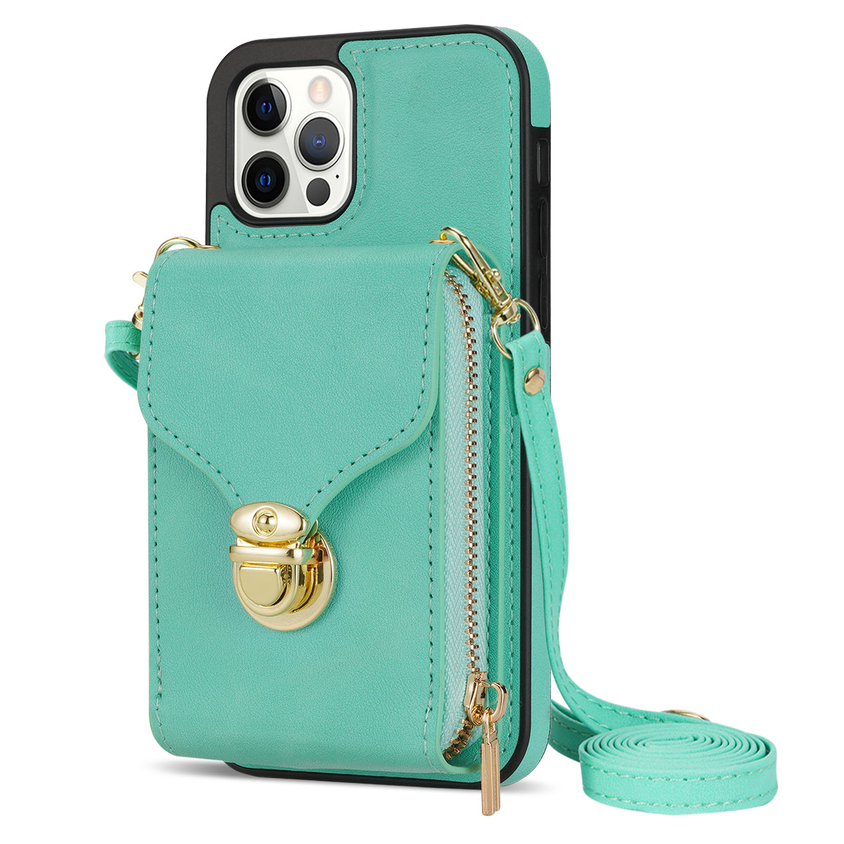 For iPhone 12 Pro Max 6.7 inch Leather Coated TPU Kickstand Case Zipper Card Holder Pouch Phone Cover