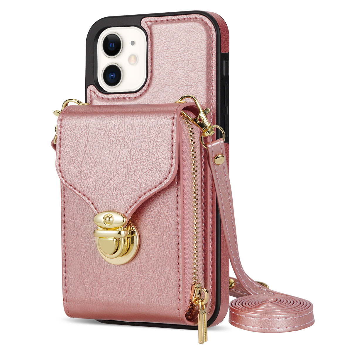 Zipper Phone Cover for iPhone 12/12 Pro 6.1 inch PU Leather Coated TPU Card Holder Kickstand Case