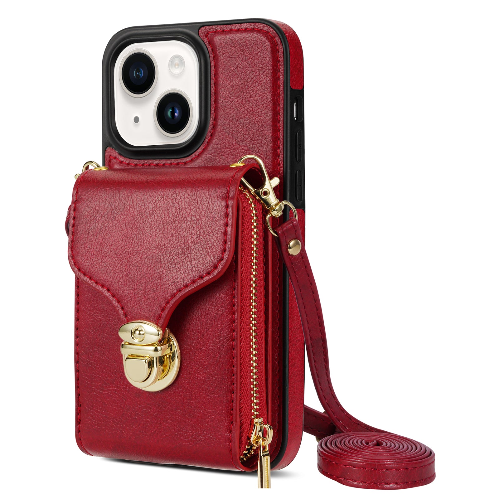 For iPhone 13 mini 5.4 inch Crossbody Card Holder Bag Phone Case PU Leather Coated TPU Kickstand Zipper Cover