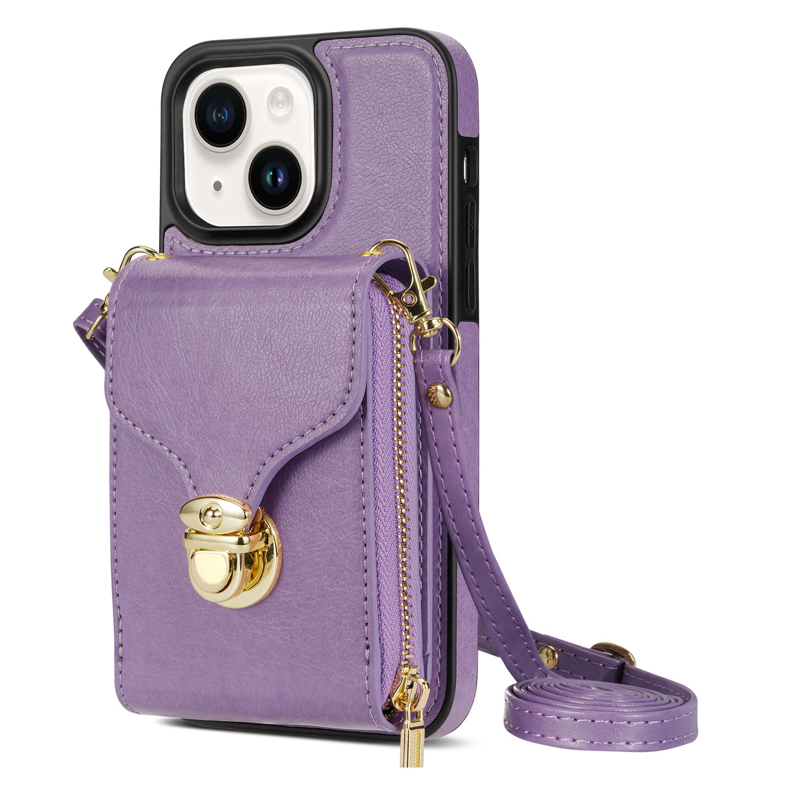 For iPhone 13 mini 5.4 inch Crossbody Card Holder Bag Phone Case PU Leather Coated TPU Kickstand Zipper Cover