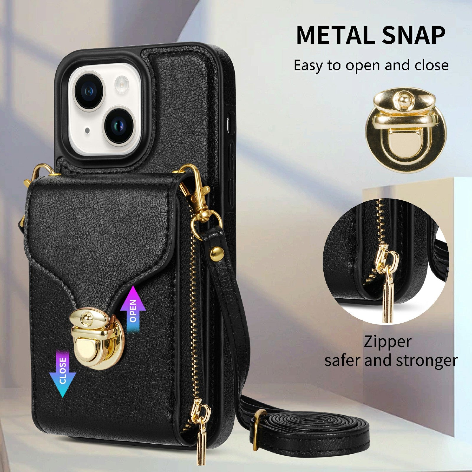For iPhone 13 6.1 inch PU Leather Coated TPU Card Slot Case Kickstand Zipper Phone Cover with Long Lanyard