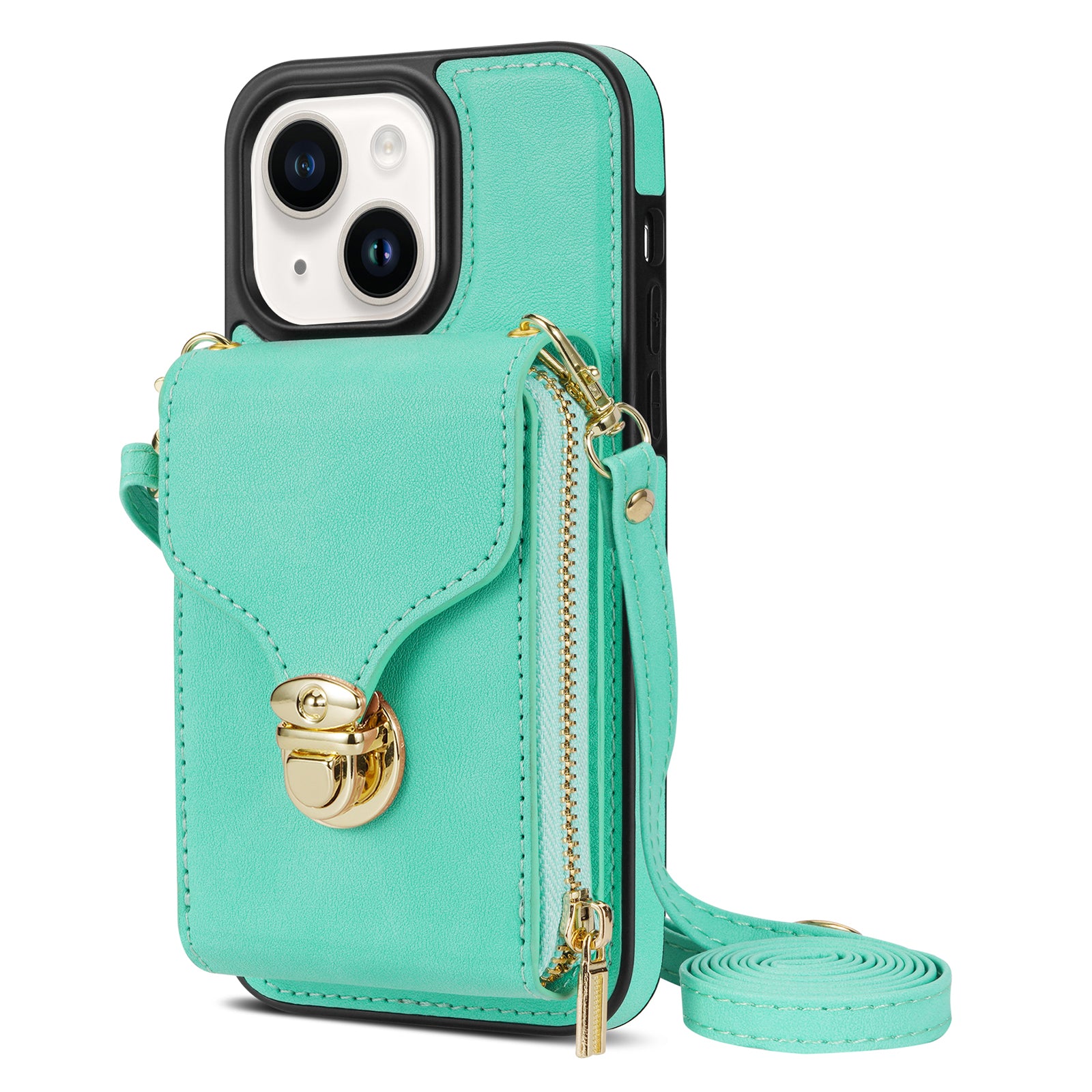 For iPhone 13 6.1 inch PU Leather Coated TPU Card Slot Case Kickstand Zipper Phone Cover with Long Lanyard