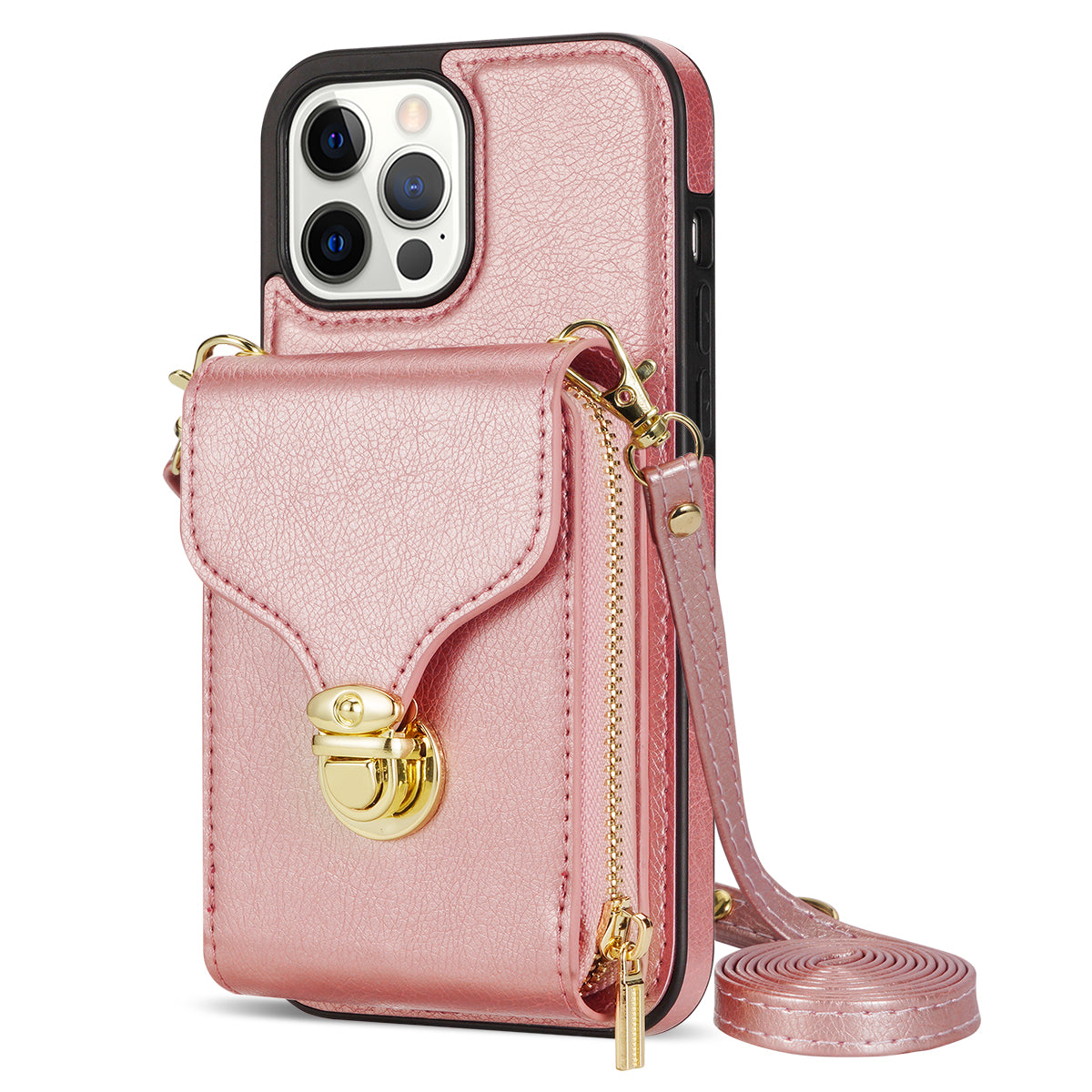 For iPhone 13 Pro 6.1 inch PU Leather TPU Back Case Zipper Card Holder Kickstand Phone Cover with Shoulder Strap