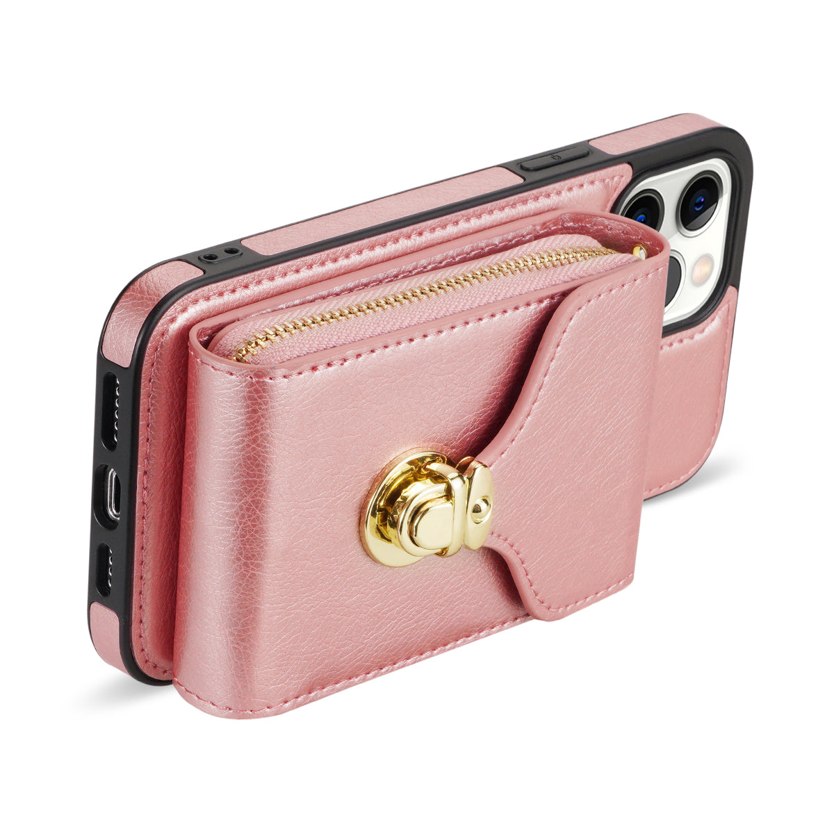 For iPhone 13 Pro 6.1 inch PU Leather TPU Back Case Zipper Card Holder Kickstand Phone Cover with Shoulder Strap
