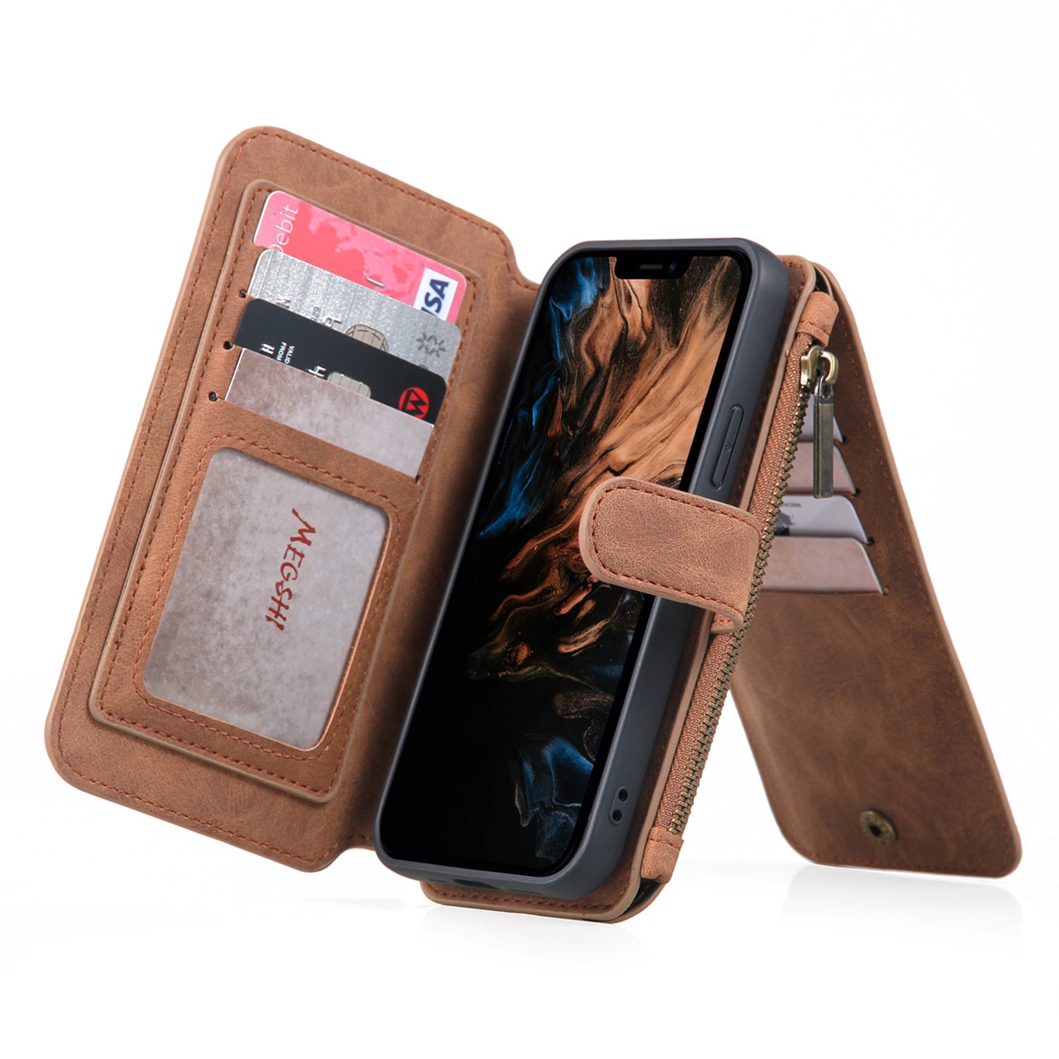 MEGSHI 007 Series TPU PC Case for iPhone 13 Pro 6.1 inch Detachable Leather Cover Wallet Phone Shell