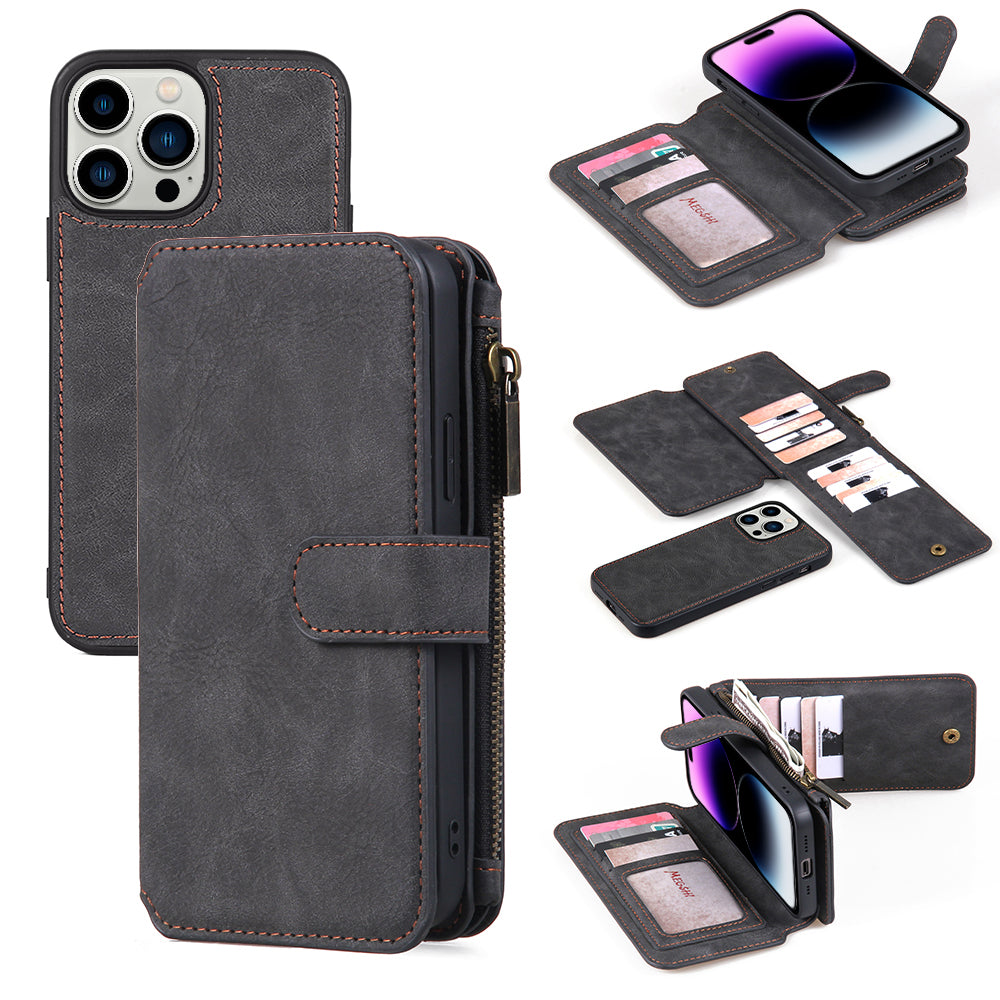 MEGSHI 007 Series pro iPhone 14 Pro Max Anti-Drop Phone Shell Odnímatelná PU kožená peněženka TPU PC pouzdro