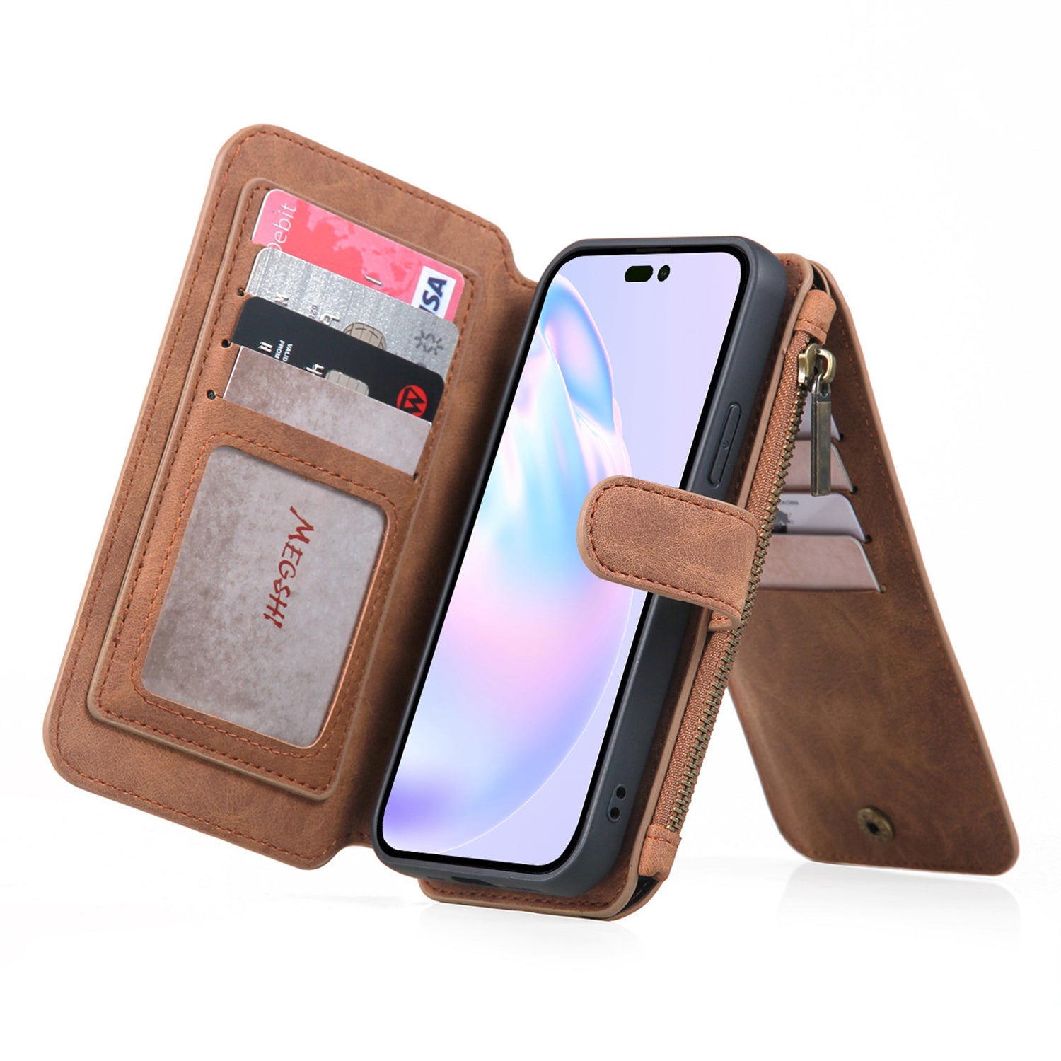 MEGSHI 007 Series pro iPhone 14 Pro Max Anti-Drop Phone Shell Odnímatelná PU kožená peněženka TPU PC pouzdro