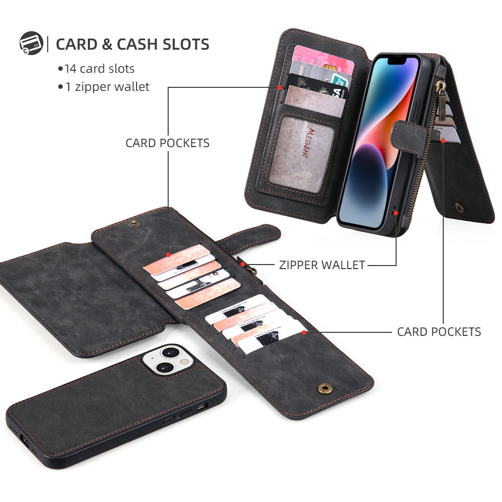 MEGSHI 007 Series for iPhone 14 TPU PC Phone Case Detachable PU Leather Wallet Phone Shell