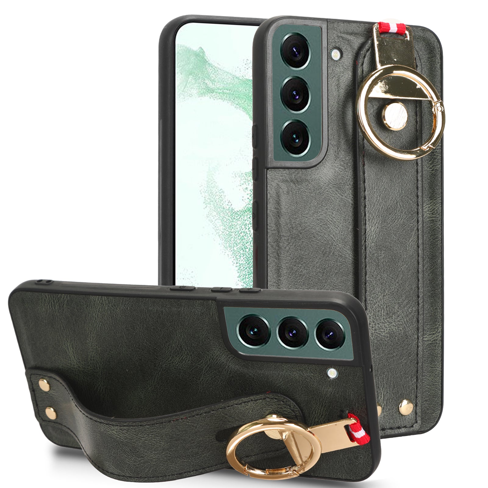 For Samsung Galaxy S22 5G PU Leather Coated PC TPU Phone Case with Wristband Kickstand and Neck Strap