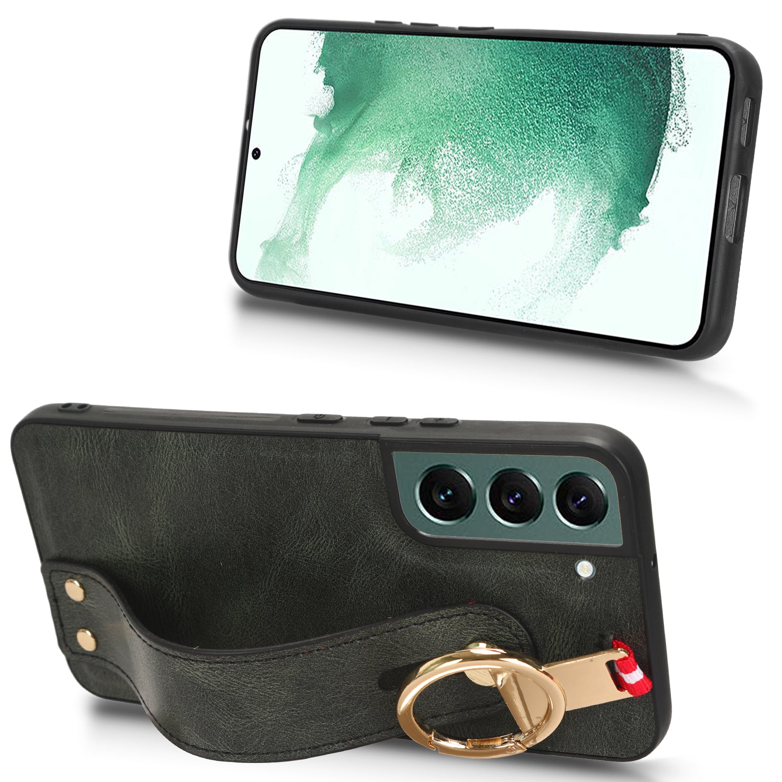 For Samsung Galaxy S22 5G PU Leather Coated PC TPU Phone Case with Wristband Kickstand and Neck Strap