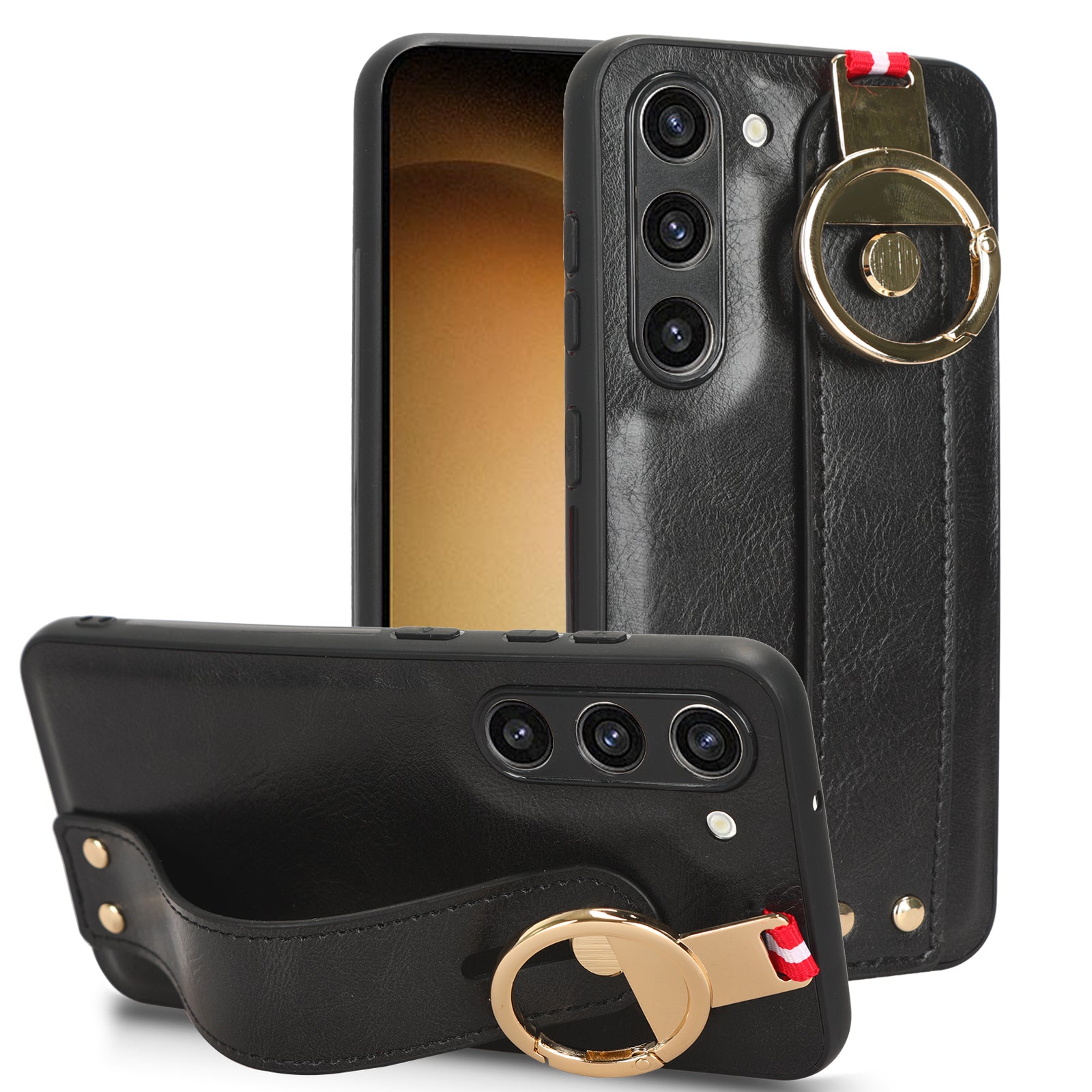 For Samsung Galaxy S23 Wristband Kickstand Cover PU Leather Coated PC TPU Phone Case with Neck Strap