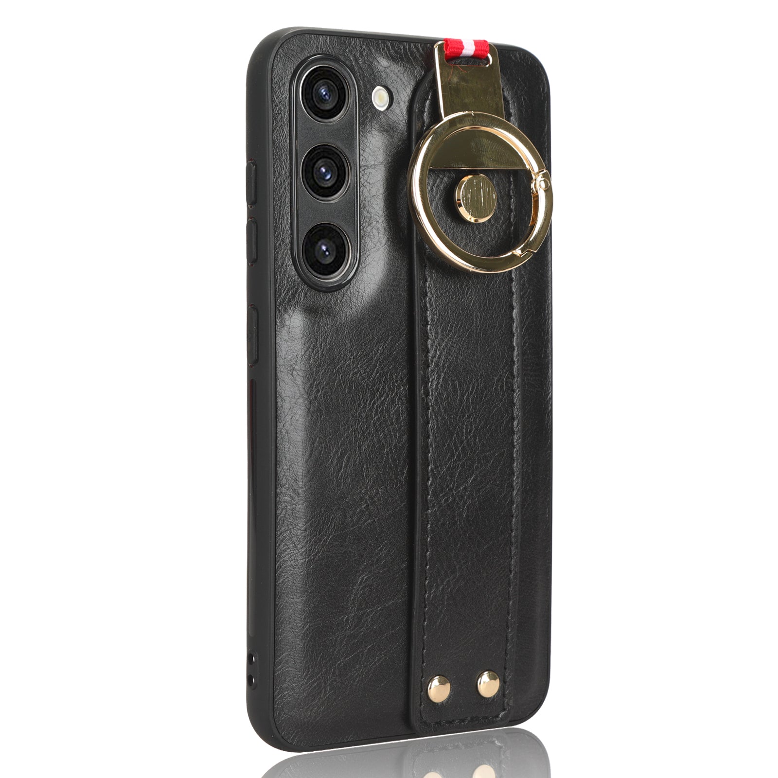 For Samsung Galaxy S23 Wristband Kickstand Cover PU Leather Coated PC TPU Phone Case with Neck Strap