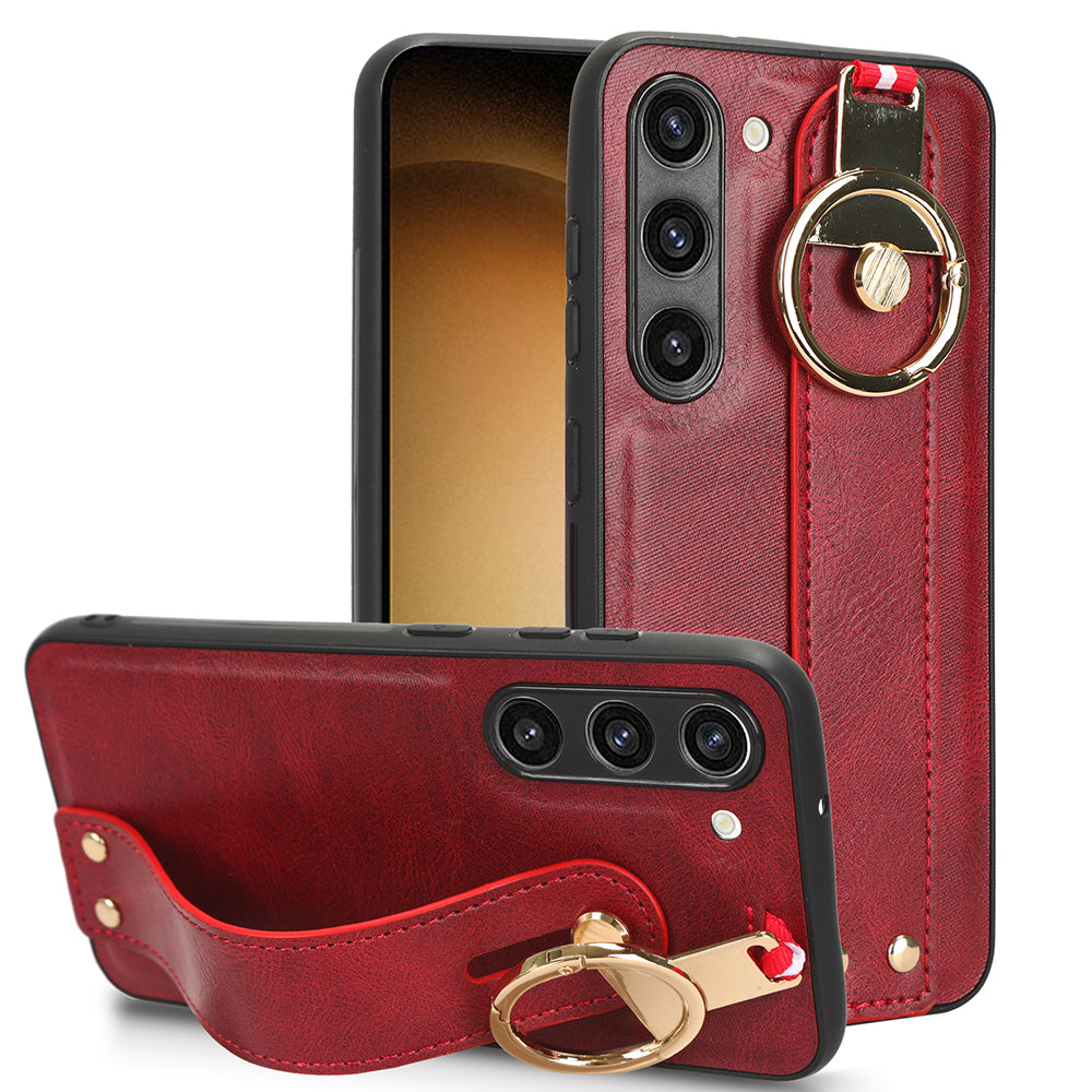 For Samsung Galaxy S23 Wristband Kickstand Cover PU Leather Coated PC TPU Phone Case with Neck Strap