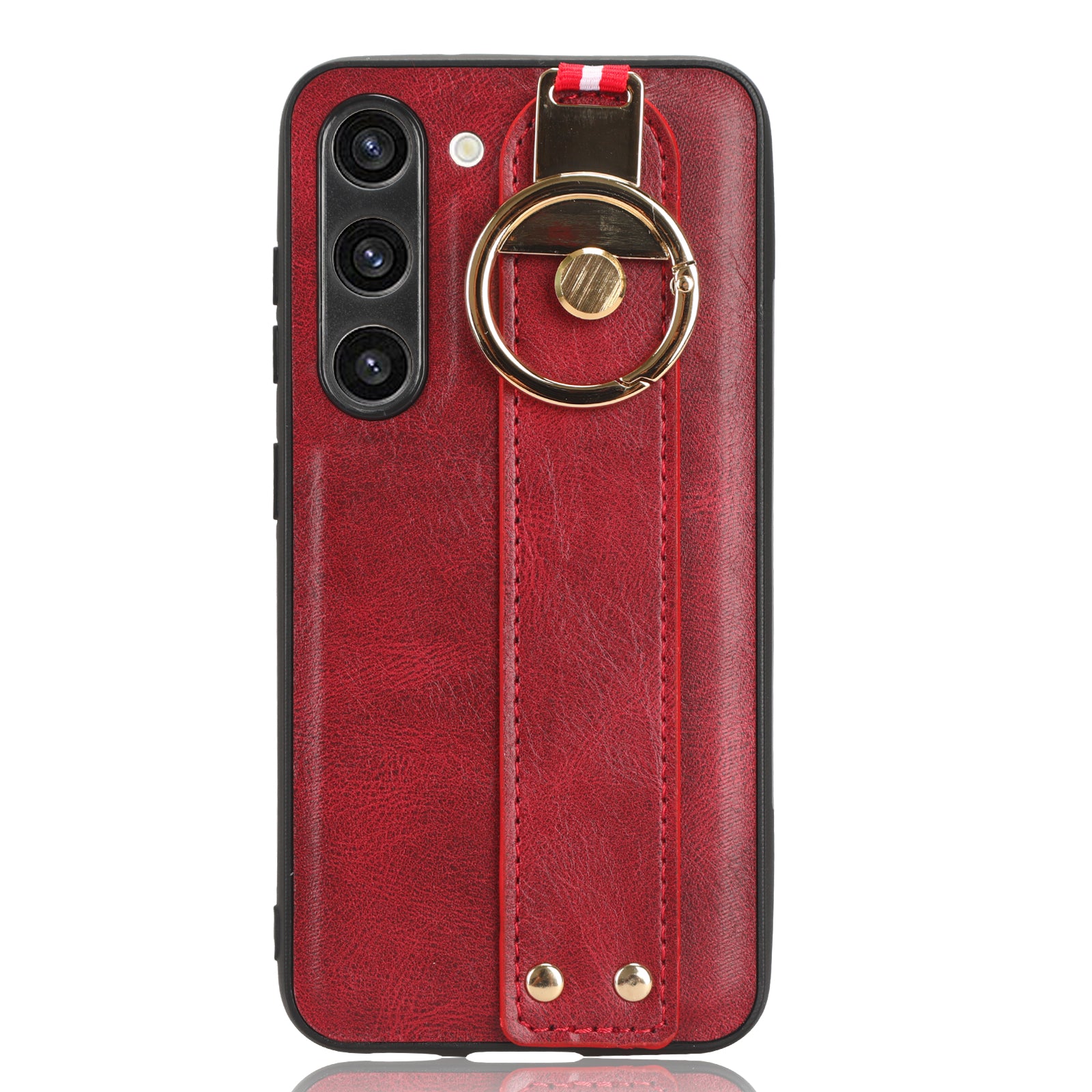 For Samsung Galaxy S23 Wristband Kickstand Cover PU Leather Coated PC TPU Phone Case with Neck Strap