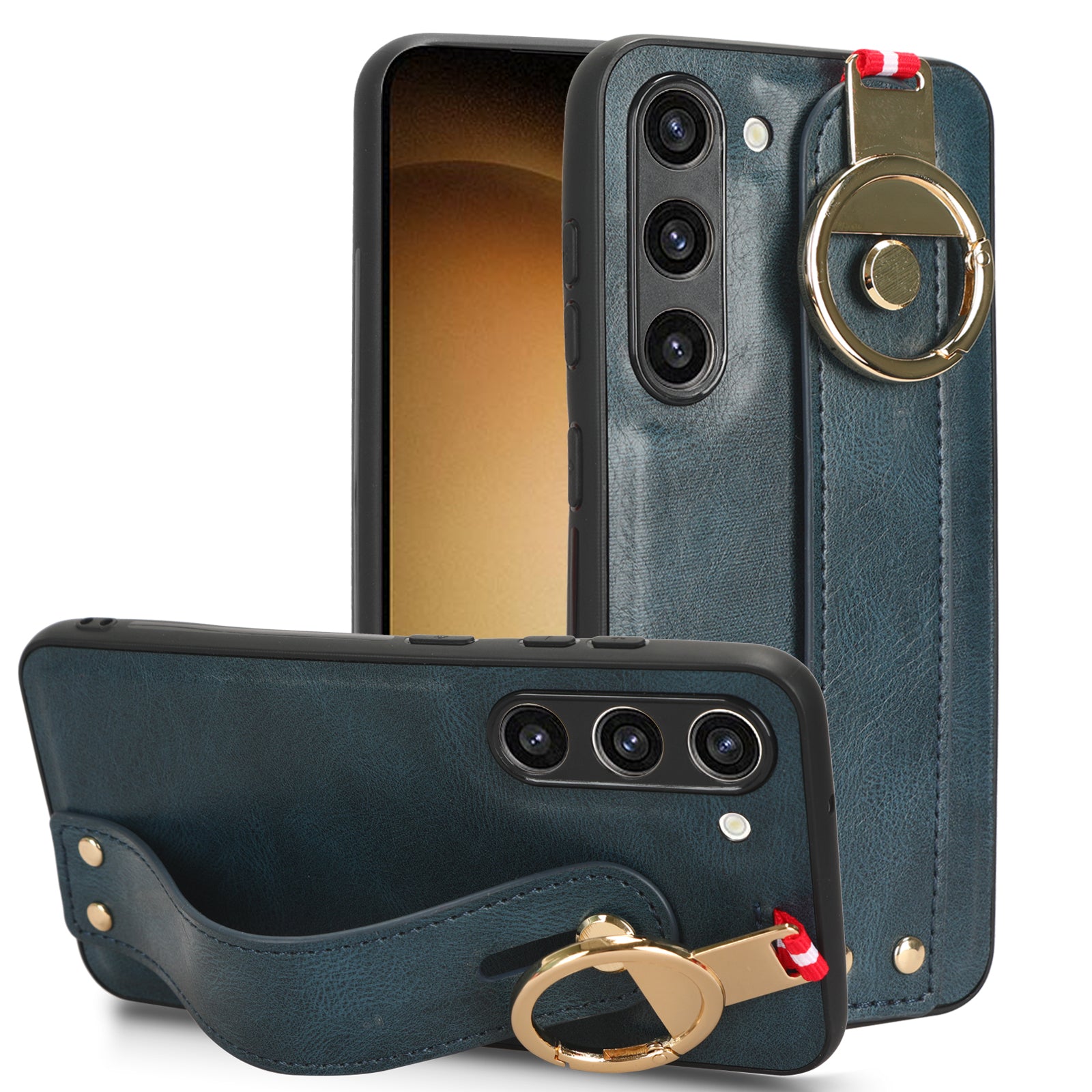 For Samsung Galaxy S23 Wristband Kickstand Cover PU Leather Coated PC TPU Phone Case with Neck Strap