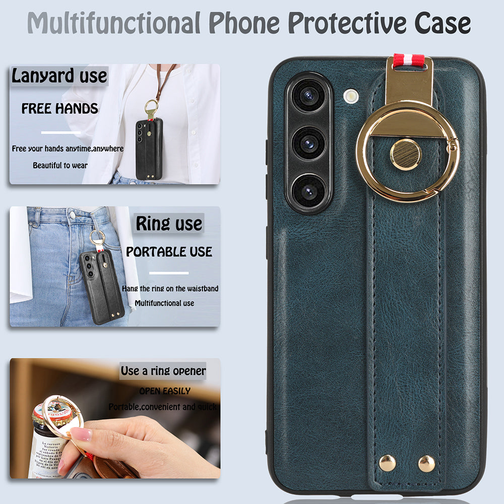 For Samsung Galaxy S23 Wristband Kickstand Cover PU Leather Coated PC TPU Phone Case with Neck Strap