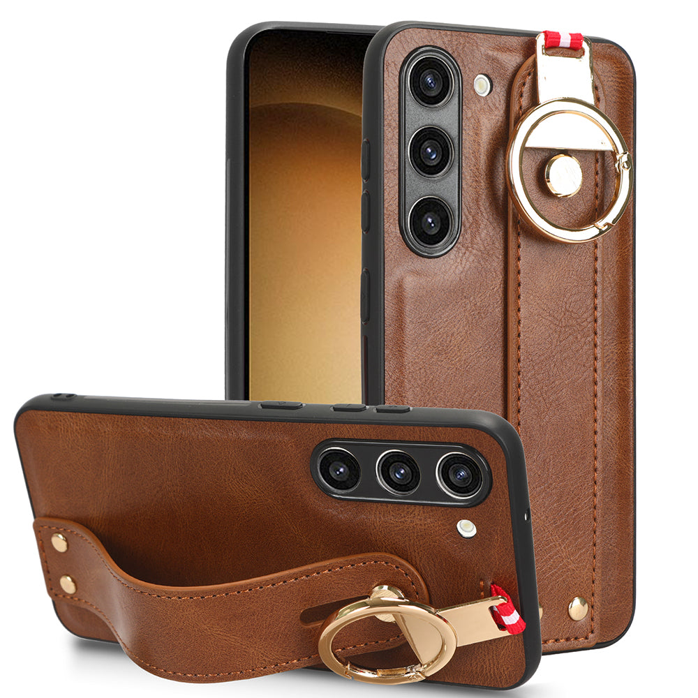 For Samsung Galaxy S23 Wristband Kickstand Cover PU Leather Coated PC TPU Phone Case with Neck Strap