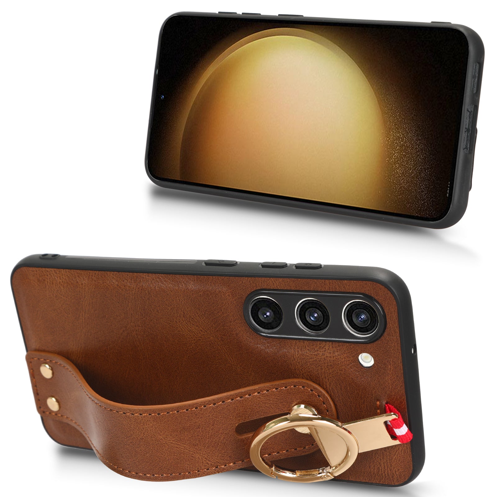 For Samsung Galaxy S23 Wristband Kickstand Cover PU Leather Coated PC TPU Phone Case with Neck Strap