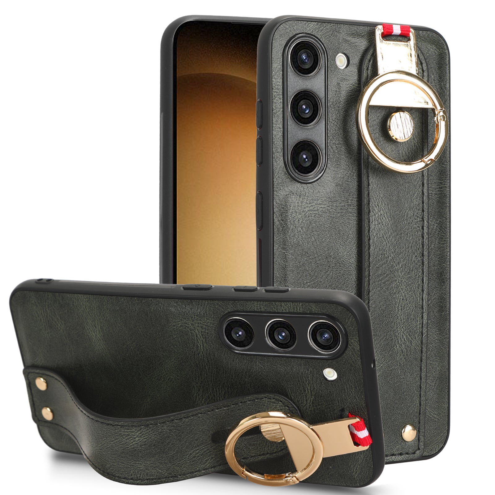 For Samsung Galaxy S23 Wristband Kickstand Cover PU Leather Coated PC TPU Phone Case with Neck Strap