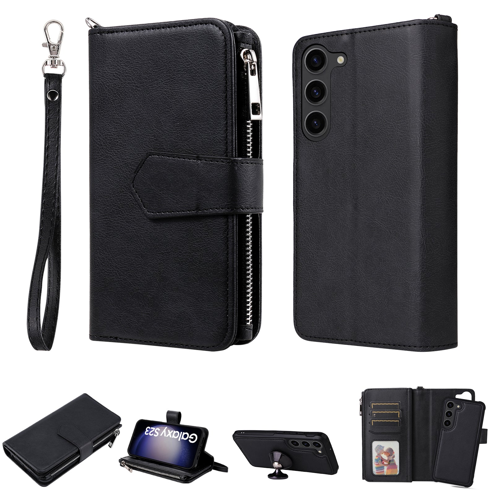 KT Multi-functional Series-4 Leather Phone Case for Samsung Galaxy S23 Wallet Stand Zipper Detachable Magnetic Cover