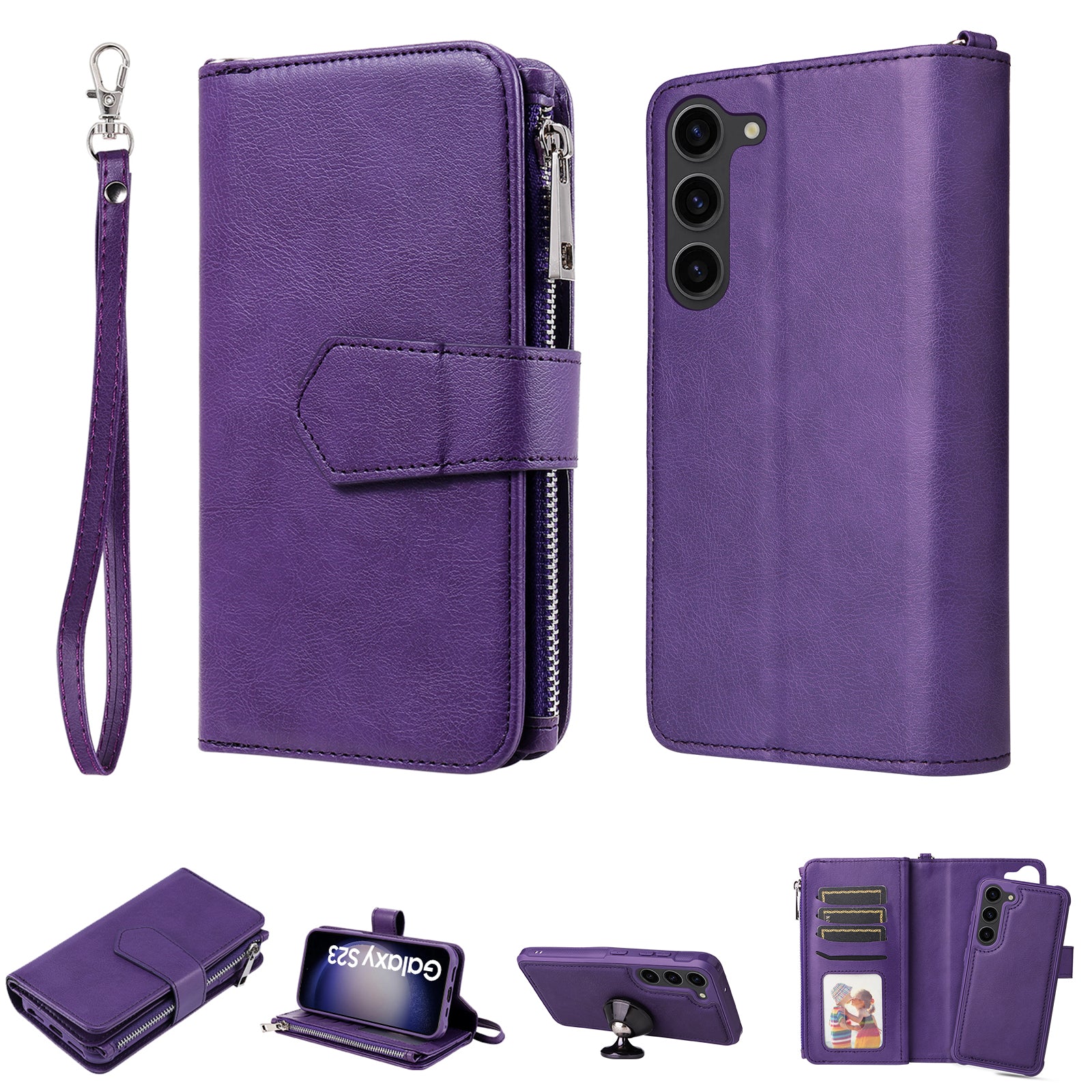 KT Multi-functional Series-4 Leather Phone Case for Samsung Galaxy S23 Wallet Stand Zipper Detachable Magnetic Cover