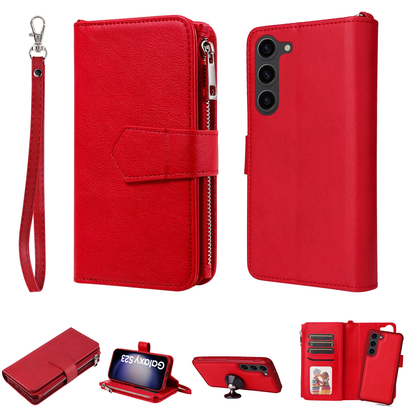 KT Multi-functional Series-4 Leather Phone Case for Samsung Galaxy S23 Wallet Stand Zipper Detachable Magnetic Cover
