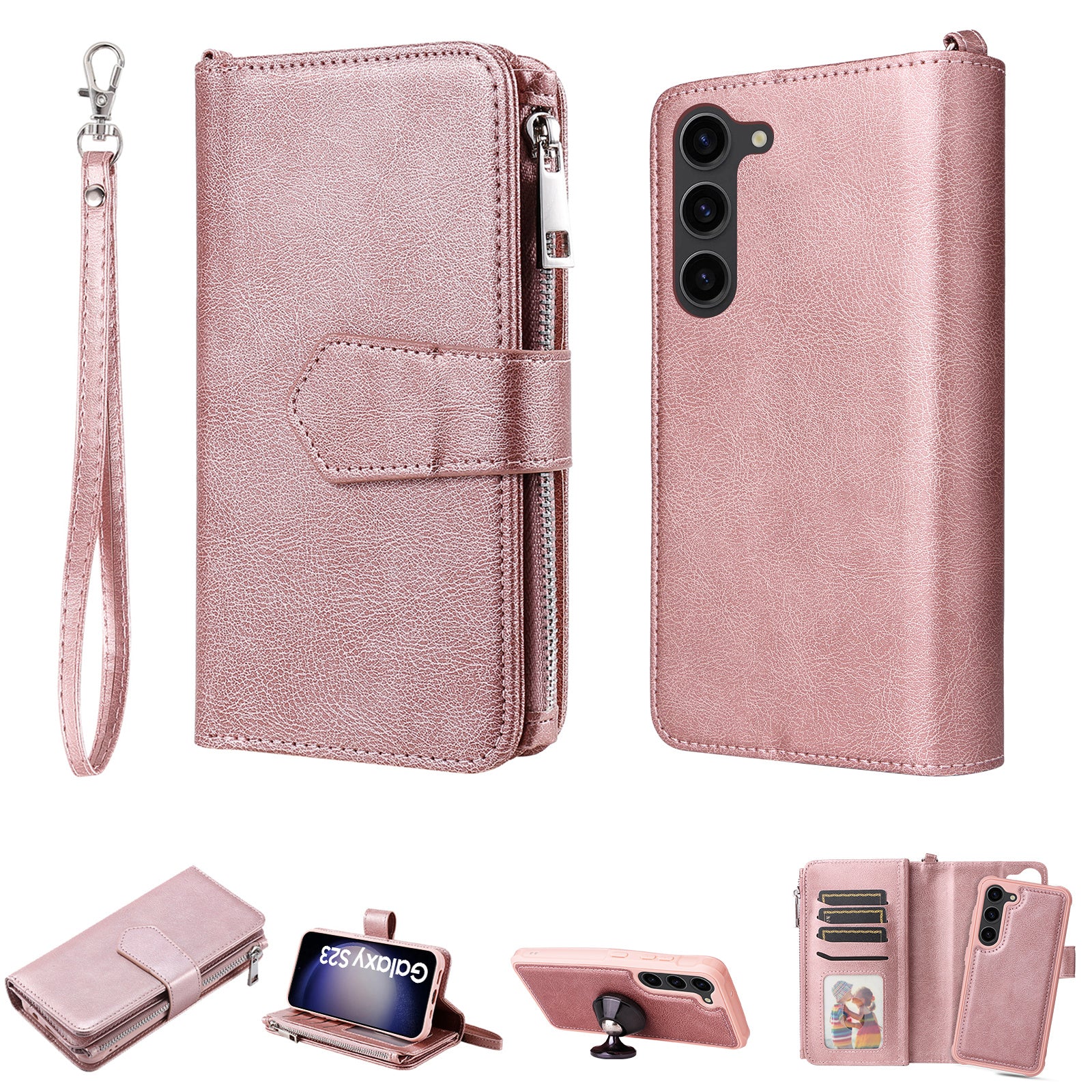 KT Multi-functional Series-4 Leather Phone Case for Samsung Galaxy S23 Wallet Stand Zipper Detachable Magnetic Cover