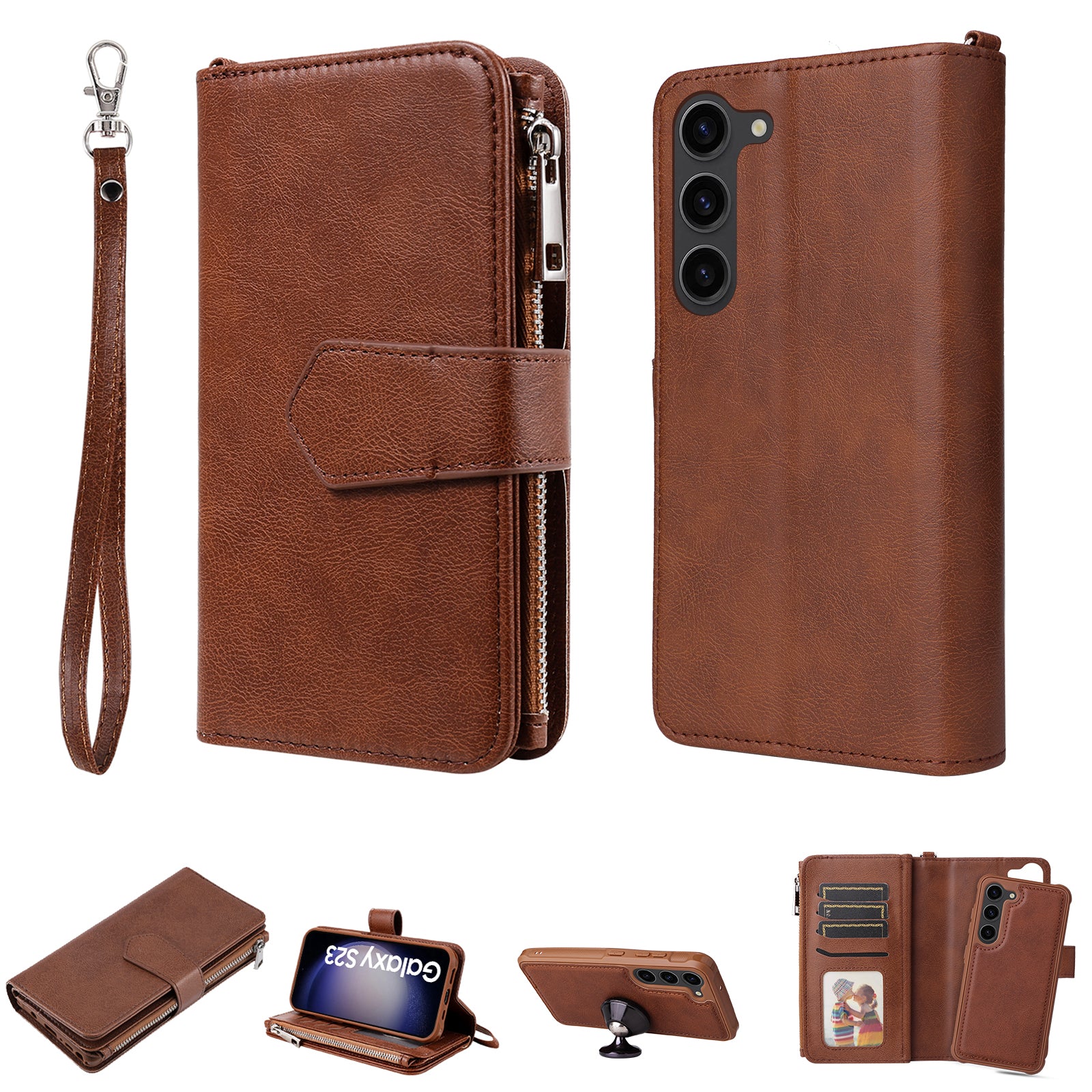 KT Multi-functional Series-4 Leather Phone Case for Samsung Galaxy S23 Wallet Stand Zipper Detachable Magnetic Cover