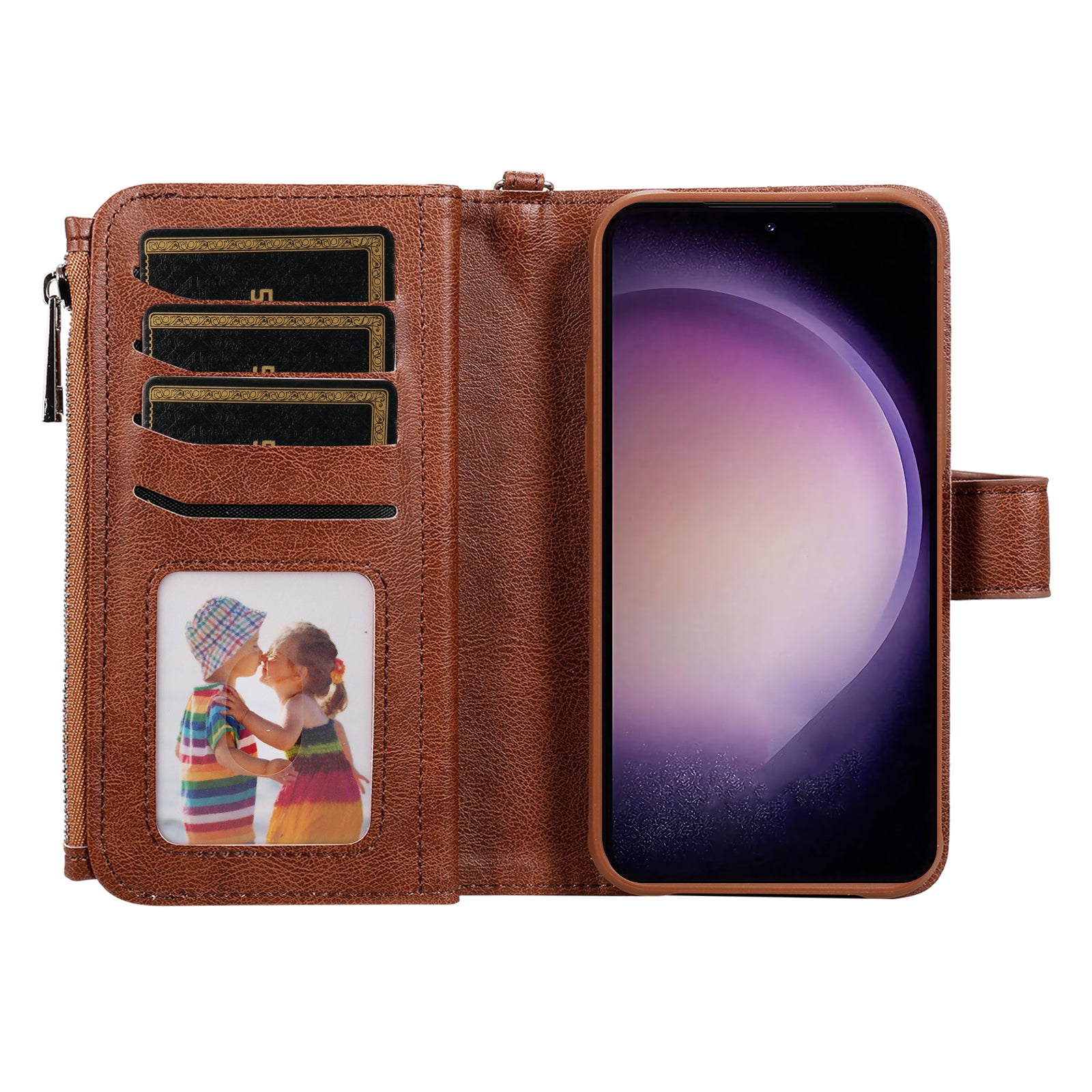 KT Multi-functional Series-4 Leather Phone Case for Samsung Galaxy S23 Wallet Stand Zipper Detachable Magnetic Cover