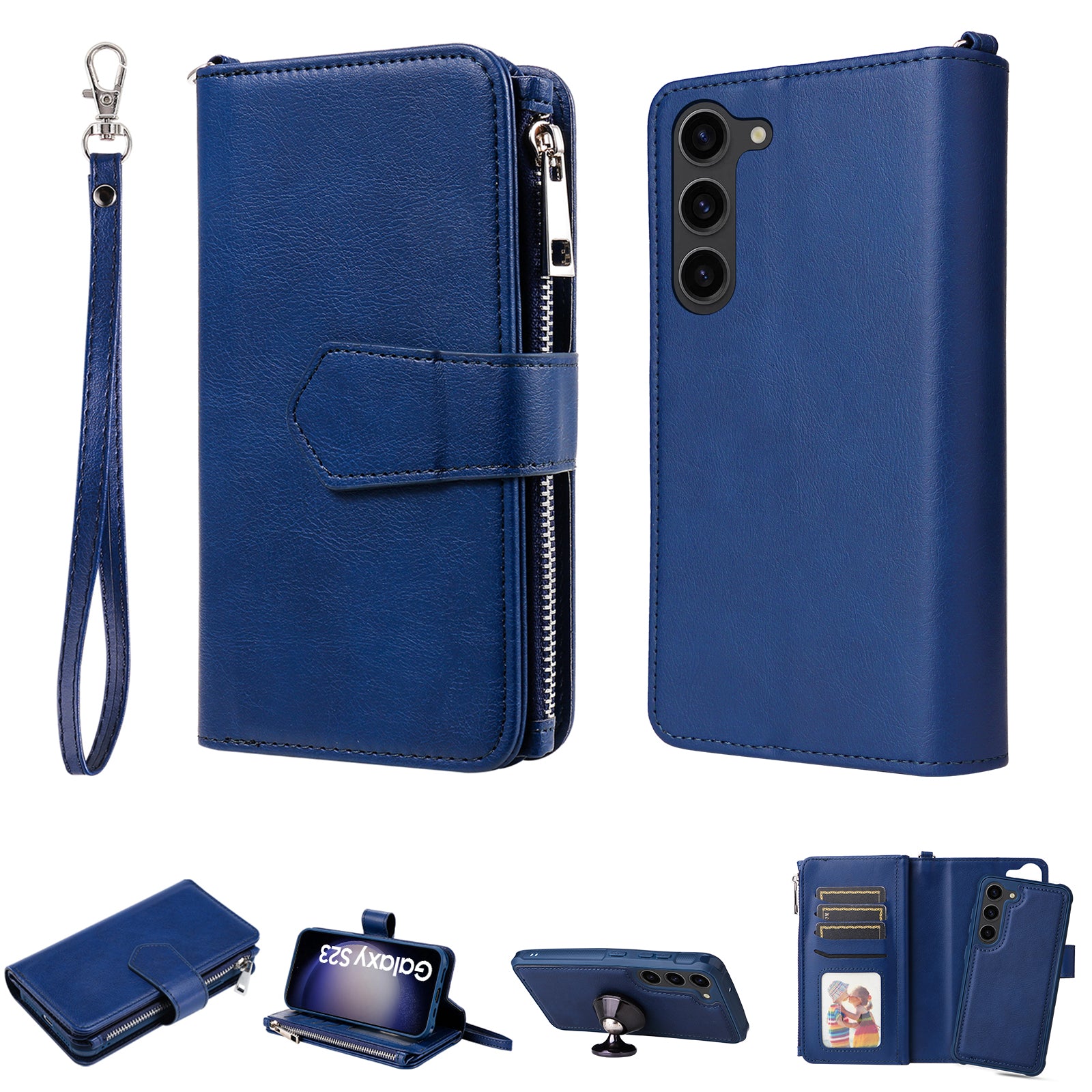 KT Multi-functional Series-4 Leather Phone Case for Samsung Galaxy S23 Wallet Stand Zipper Detachable Magnetic Cover