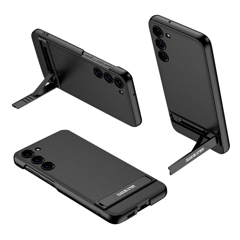 GKK For Samsung Galaxy S23 PU Leather Coated TPU Phone Case Carbon Fiber Texture Ultra-Thin Slim Kickstand Cover