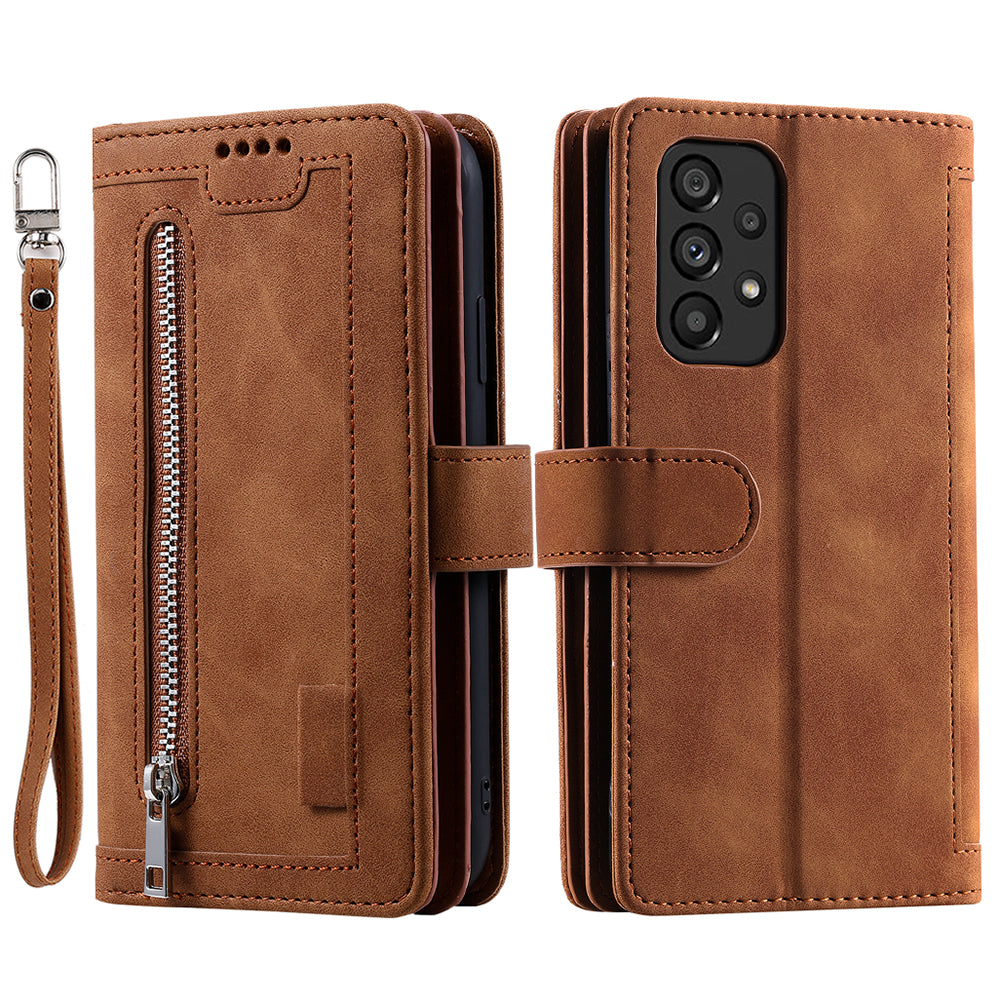 PU Leather Phone Case For Samsung Galaxy A33 5G Zipper Pocket 9 Card Slots Phone Shell Cover