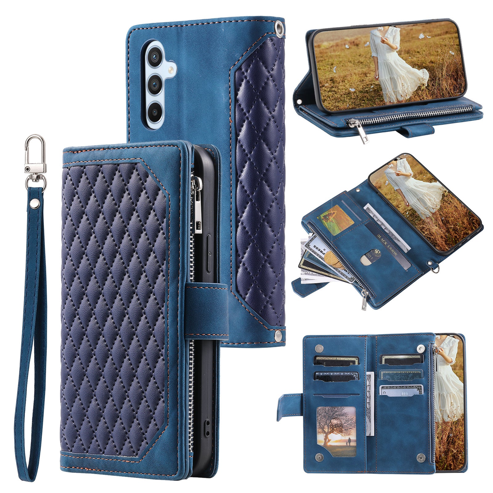 Zippered Wallet Phone Case for Samsung Galaxy A34 5G PU Leather Cover Rhombus Imprinted Phone Shell with Strap