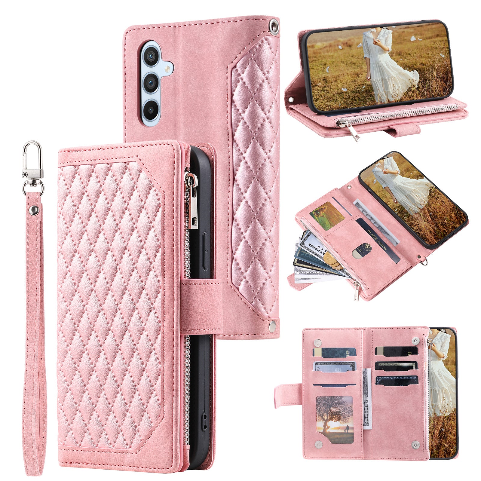 Zippered Wallet Phone Case for Samsung Galaxy A34 5G PU Leather Cover Rhombus Imprinted Phone Shell with Strap