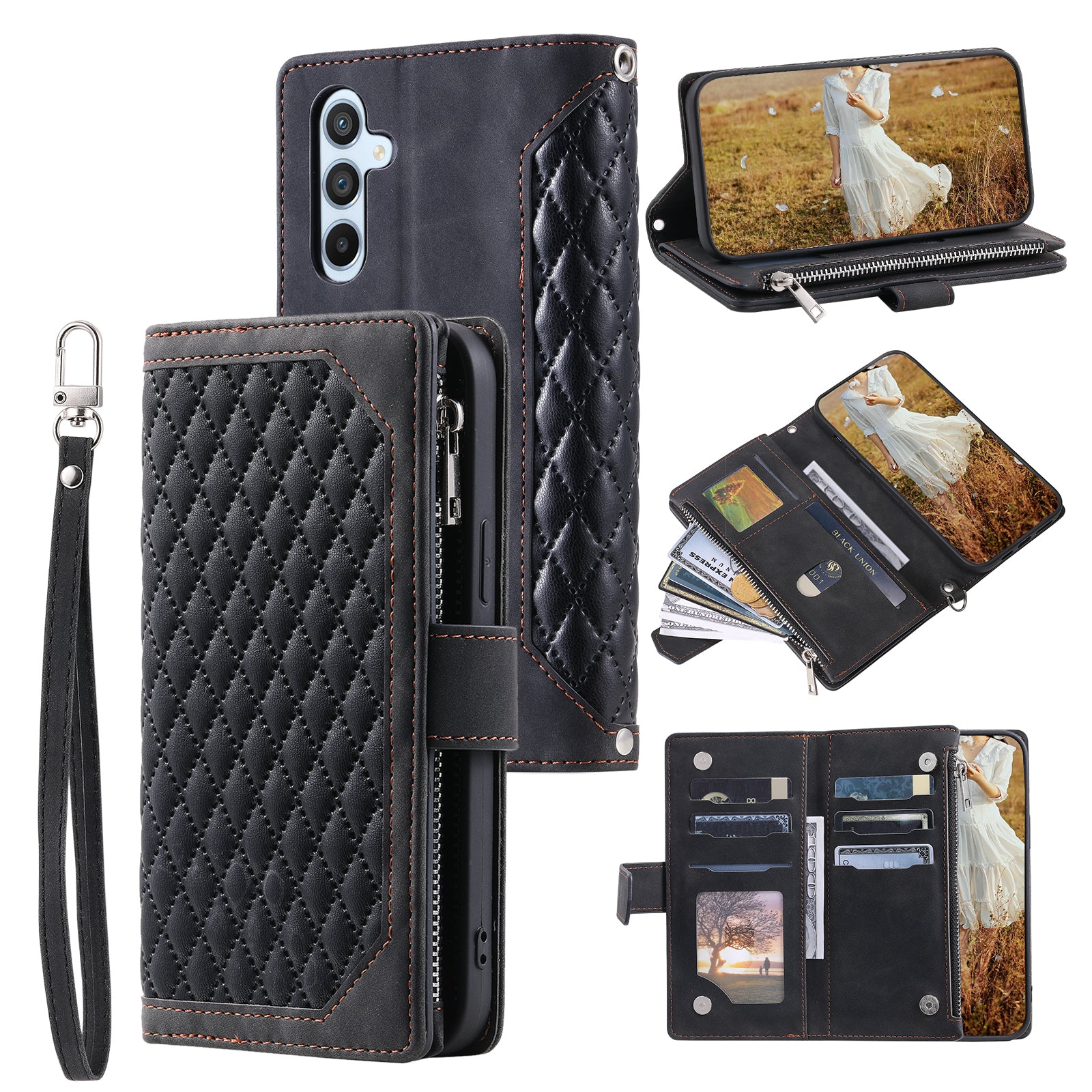 Zippered Wallet Phone Case for Samsung Galaxy A34 5G PU Leather Cover Rhombus Imprinted Phone Shell with Strap