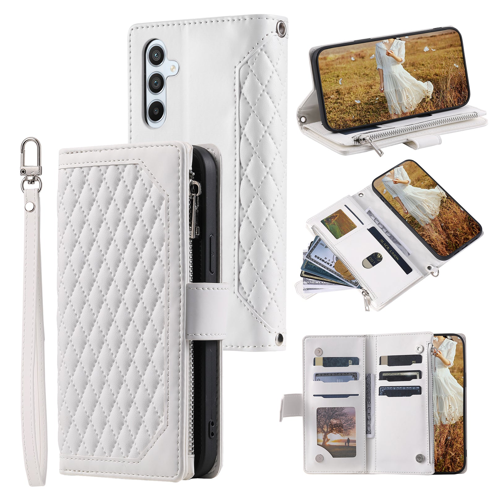 Zippered Wallet Phone Case for Samsung Galaxy A34 5G PU Leather Cover Rhombus Imprinted Phone Shell with Strap