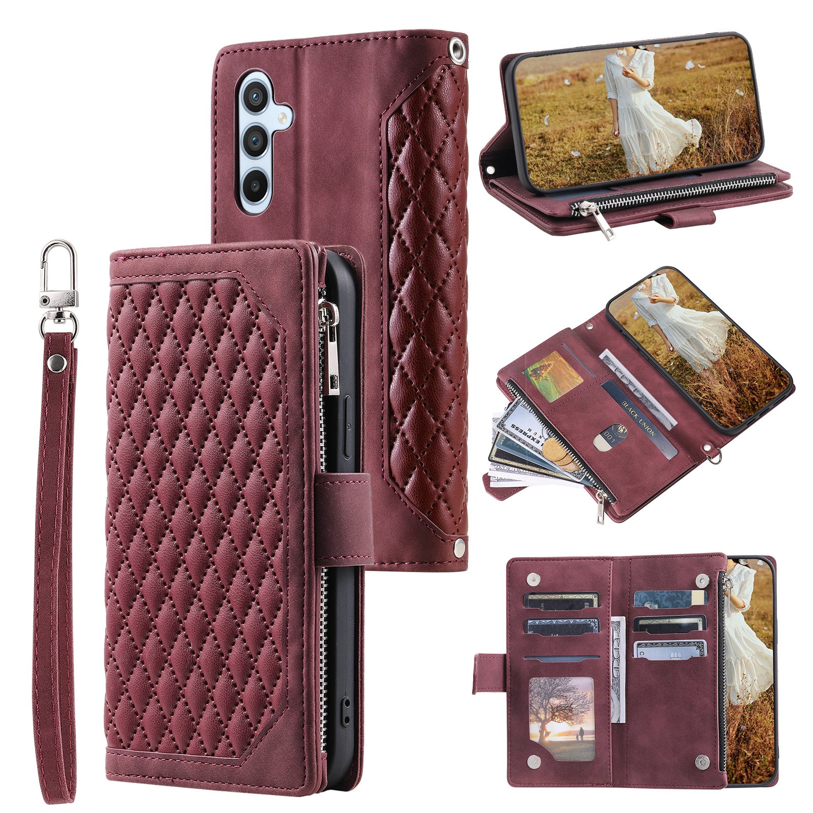 Zippered Wallet Phone Case for Samsung Galaxy A34 5G PU Leather Cover Rhombus Imprinted Phone Shell with Strap