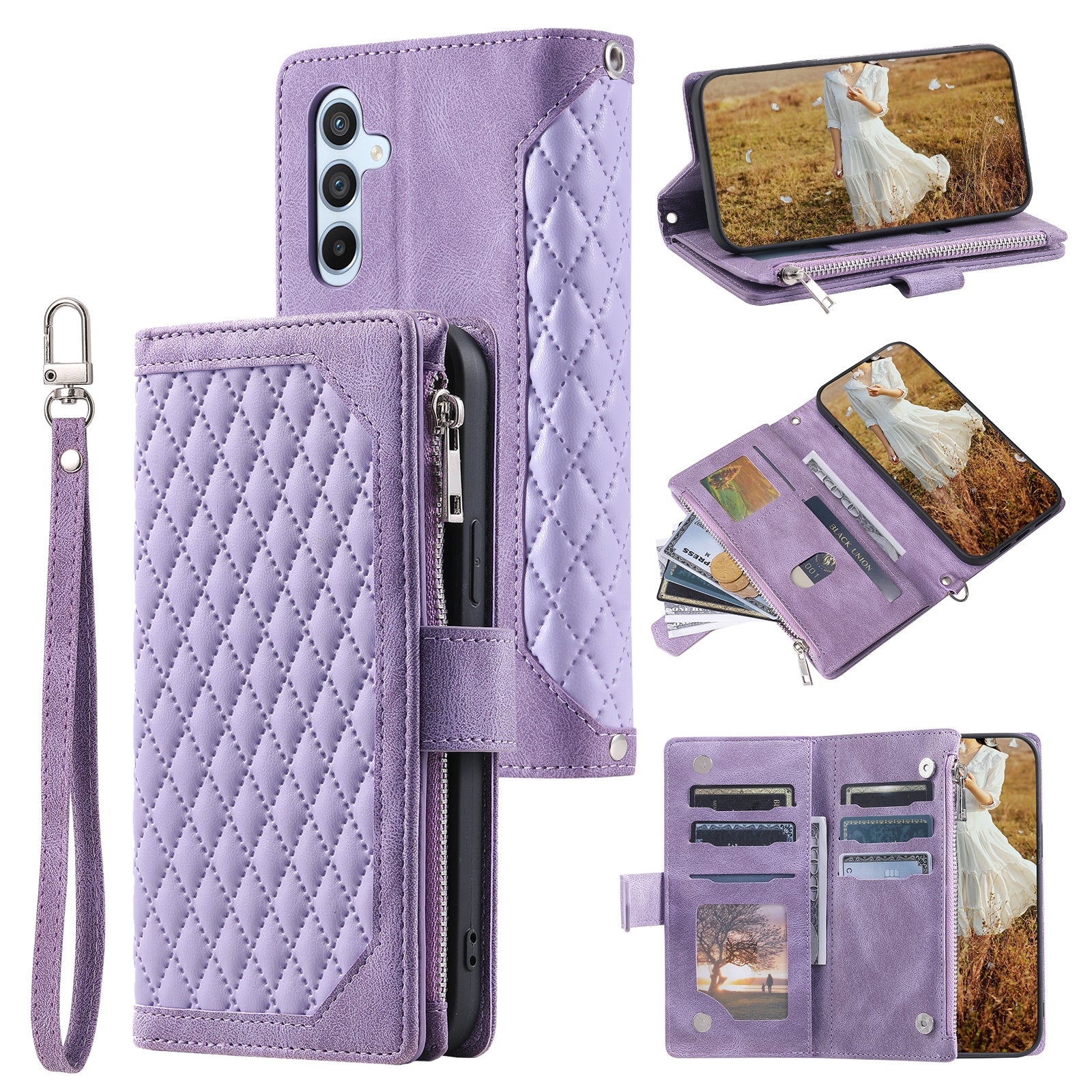 Zippered Wallet Phone Case for Samsung Galaxy A34 5G PU Leather Cover Rhombus Imprinted Phone Shell with Strap