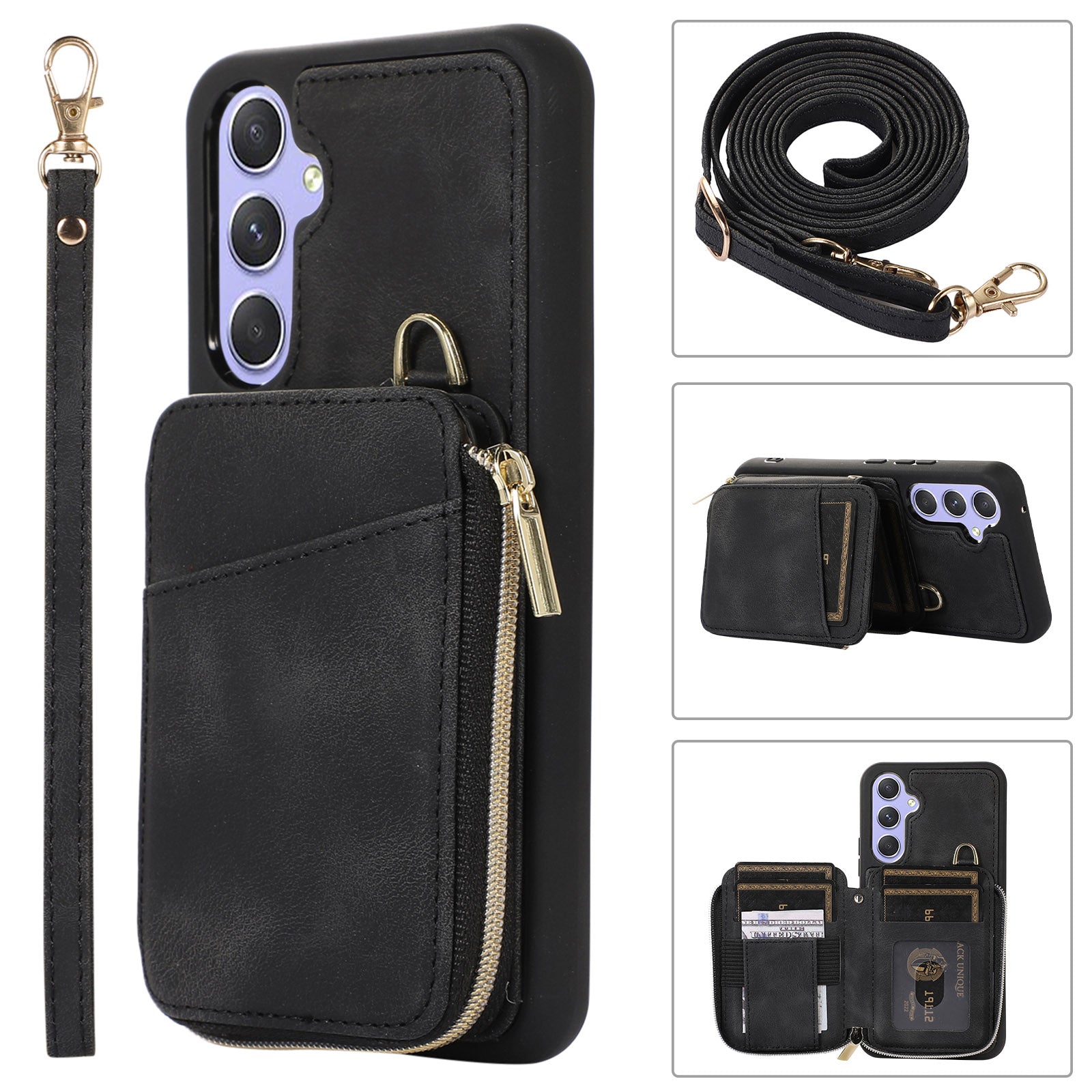 For Samsung Galaxy A34 5G Kickstand Phone Case Zipper Card Bag Leather TPU Phone Cover with Straps