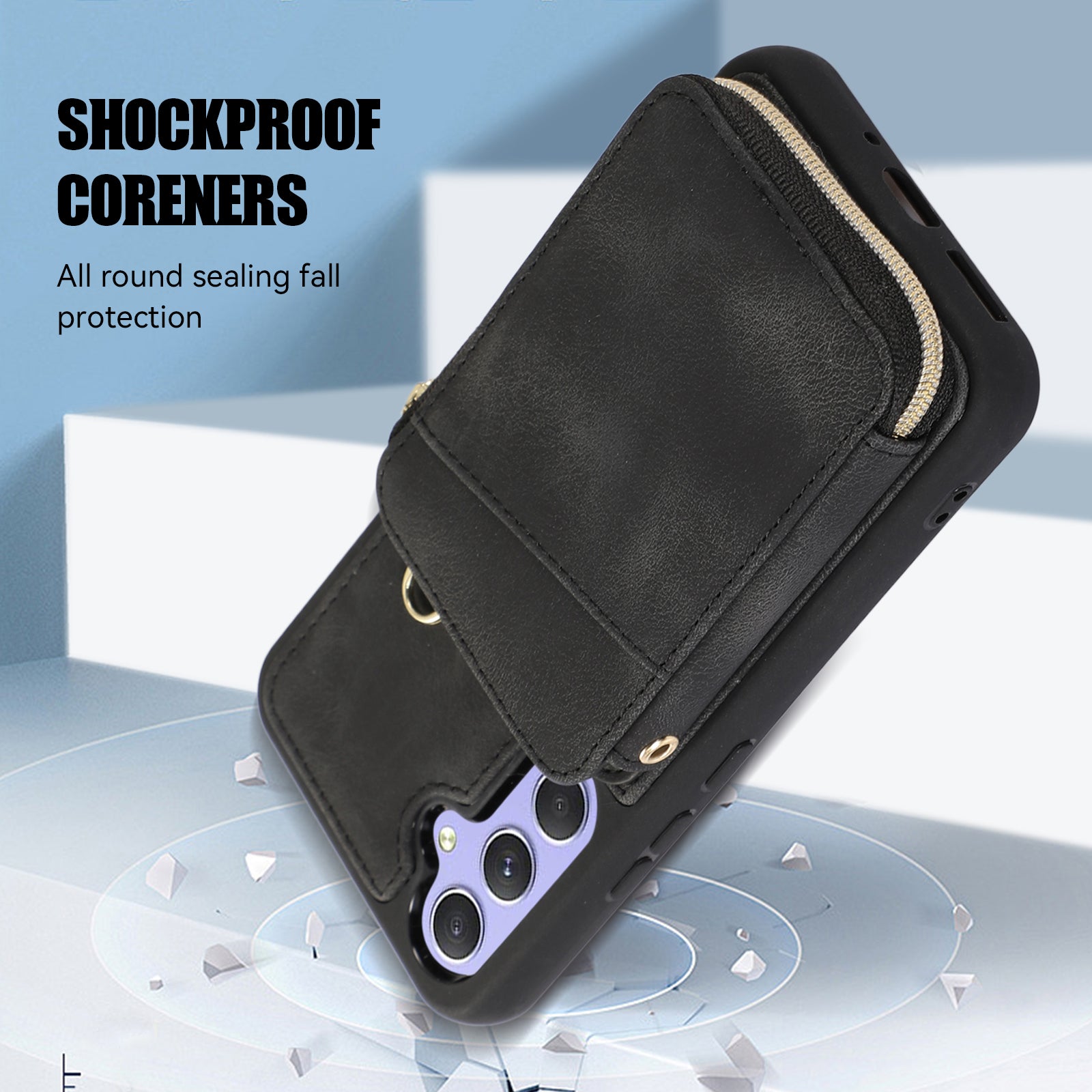 For Samsung Galaxy A34 5G Kickstand Phone Case Zipper Card Bag Leather TPU Phone Cover with Straps