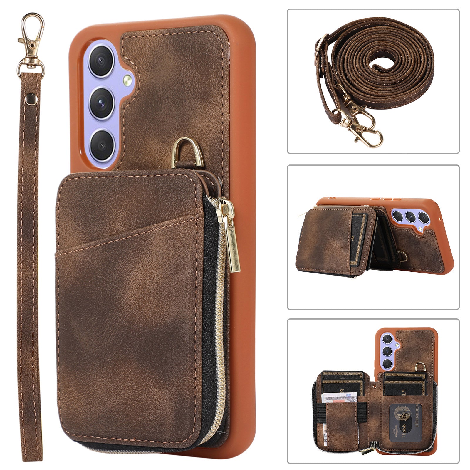 For Samsung Galaxy A34 5G Kickstand Phone Case Zipper Card Bag Leather TPU Phone Cover with Straps