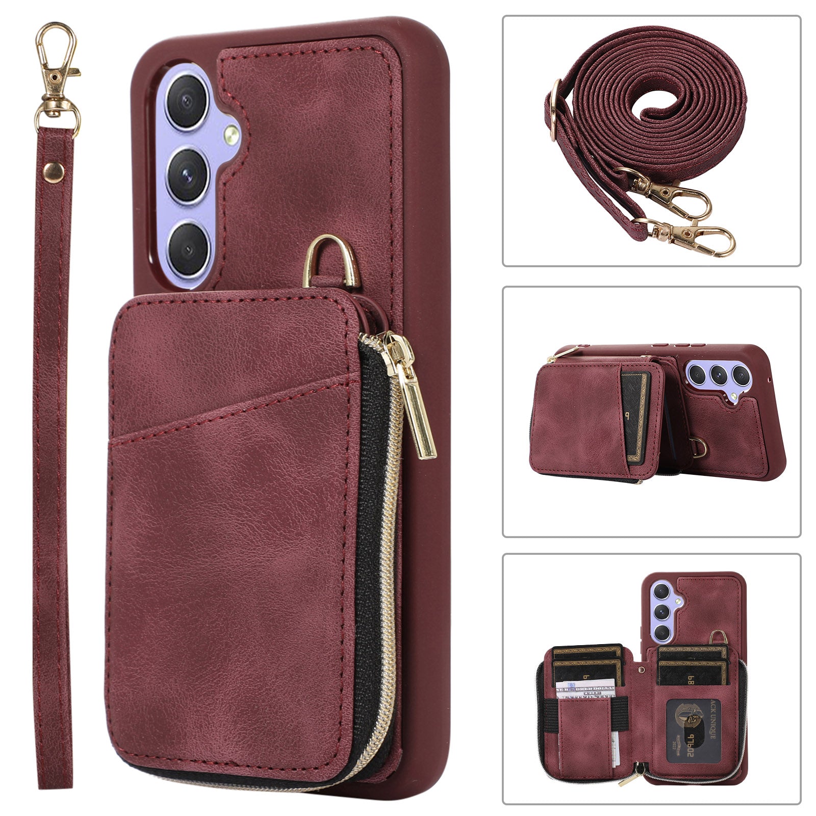 For Samsung Galaxy A34 5G Kickstand Phone Case Zipper Card Bag Leather TPU Phone Cover with Straps