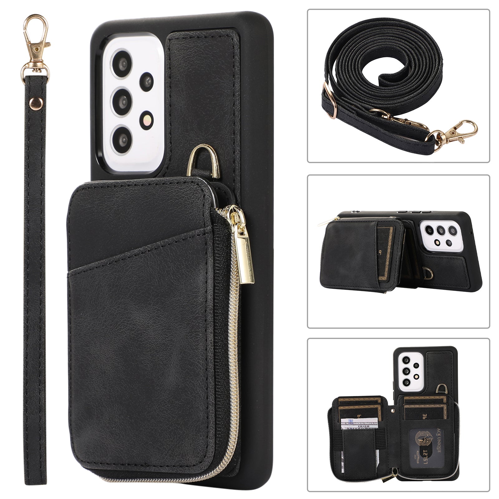 Kickstand Phone Case for Samsung Galaxy A53 5G Leather TPU Phone Cover with Zipper Card Bag Straps