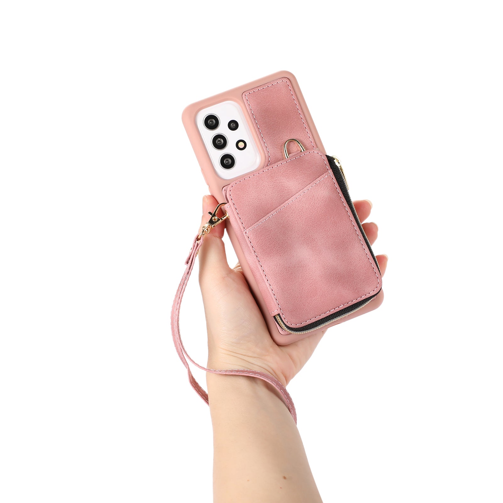 Kickstand Phone Case for Samsung Galaxy A53 5G Leather TPU Phone Cover with Zipper Card Bag Straps