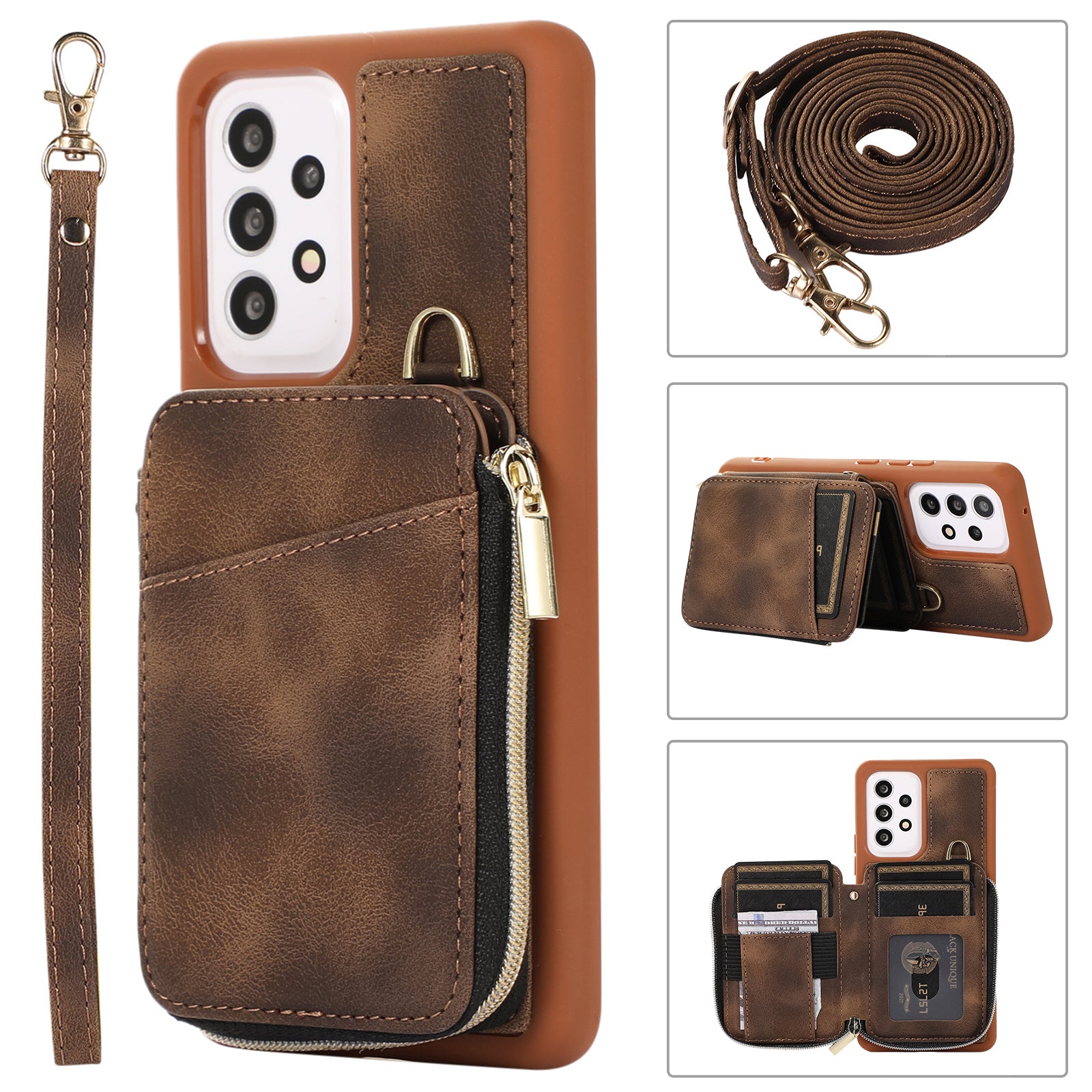 Kickstand Phone Case for Samsung Galaxy A53 5G Leather TPU Phone Cover with Zipper Card Bag Straps