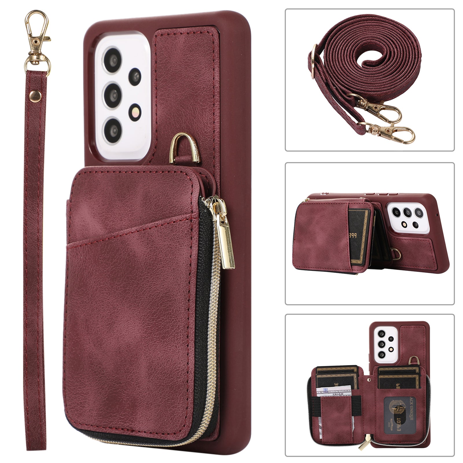 Kickstand Phone Case for Samsung Galaxy A53 5G Leather TPU Phone Cover with Zipper Card Bag Straps