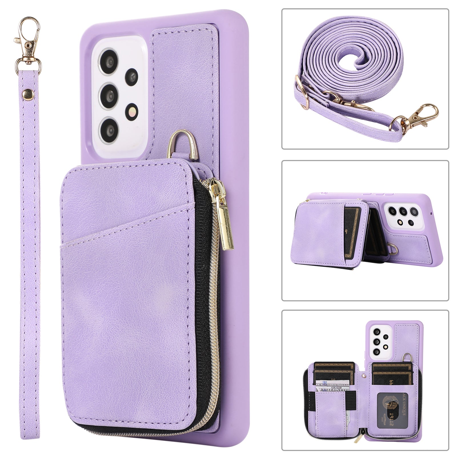 Kickstand Phone Case for Samsung Galaxy A53 5G Leather TPU Phone Cover with Zipper Card Bag Straps