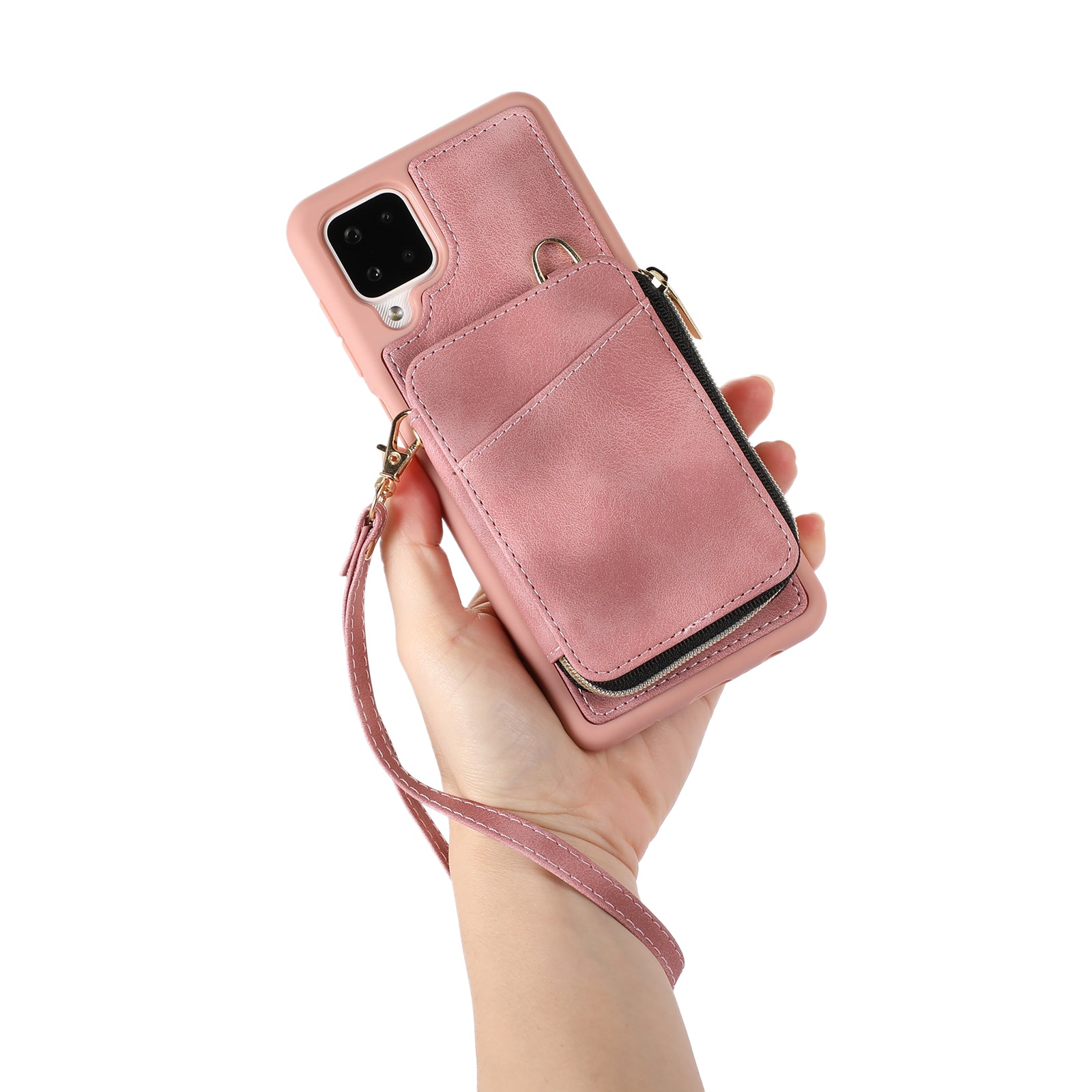 For Samsung Galaxy A12 Card Holder Slots Zipper Pocket Case PU Leather Coated TPU Kickstand Phone Cover