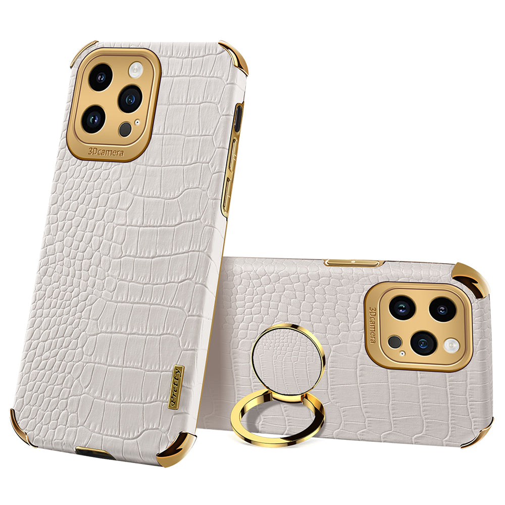 For iPhone 14 Pro 6D Electroplated Kickstand Phone Case PU Leather TPU Crocodile Texture Back Cover