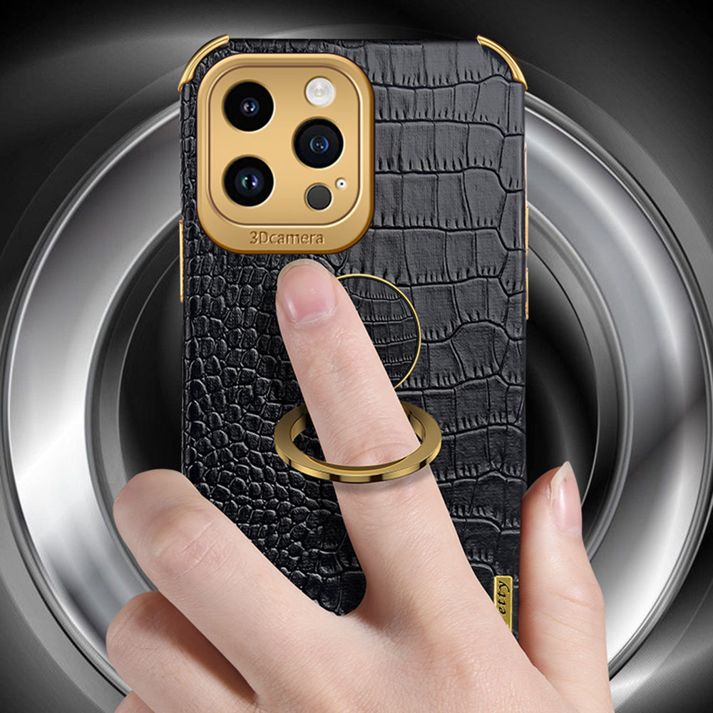 For iPhone 14 Pro 6D Electroplated Kickstand Phone Case PU Leather TPU Crocodile Texture Back Cover